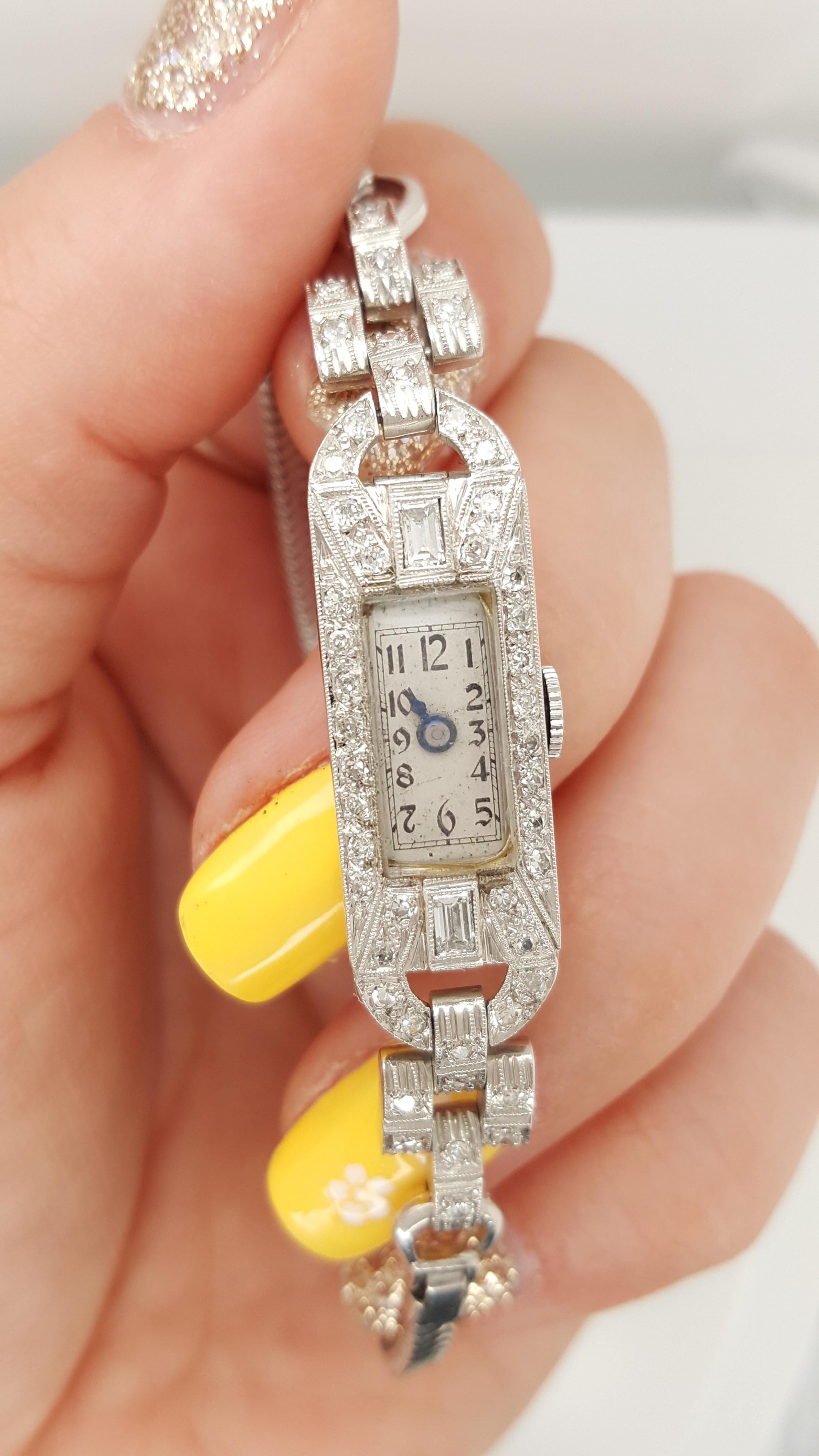 Art Deco Style 14 Karat White Gold Platinum Diamond Ladies Swiss Wristwatch 1