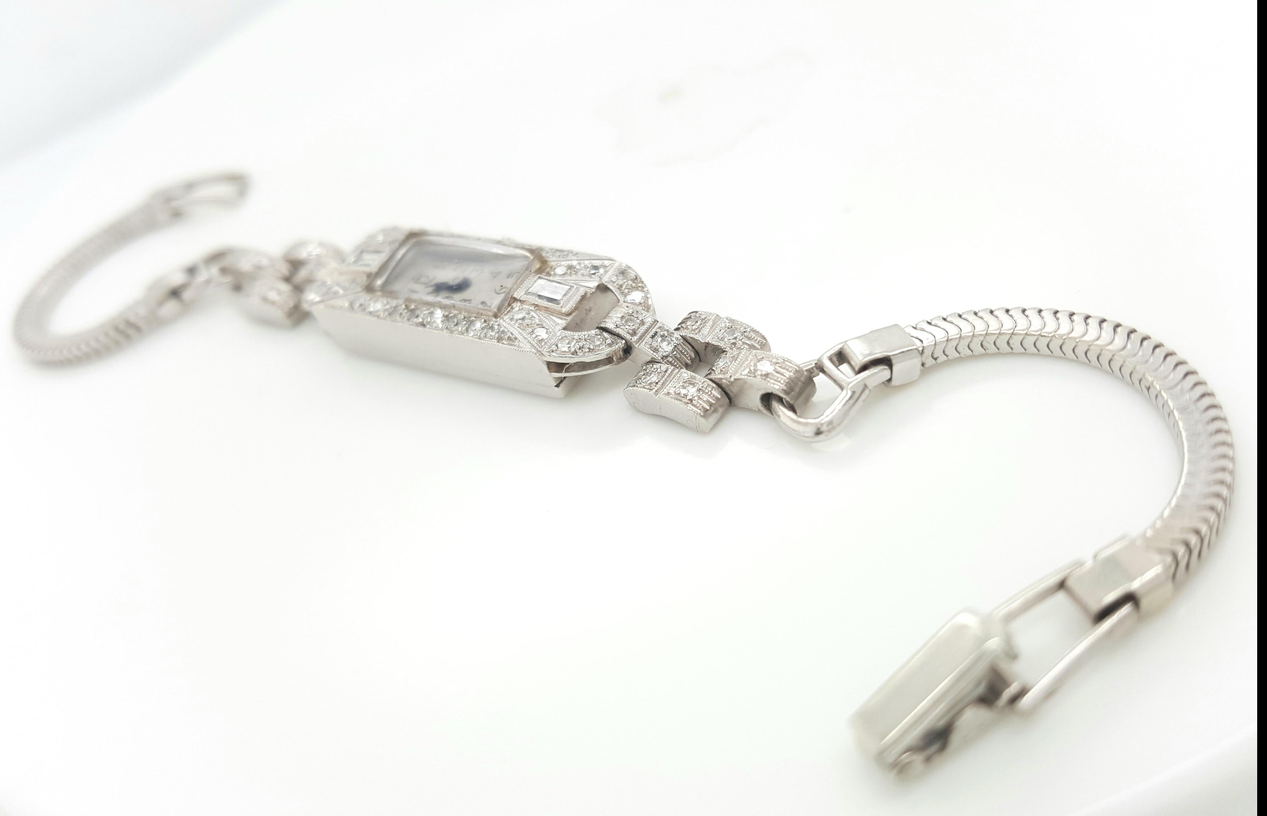 Art Deco Style 14 Karat White Gold Platinum Diamond Ladies Swiss Wristwatch 2
