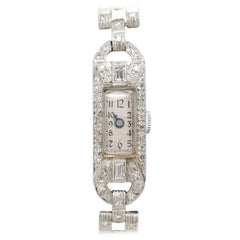 Art Deco Style 14 Karat White Gold Platinum Diamond Ladies Swiss Wristwatch
