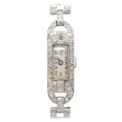 Art Deco Style 14 Karat White Gold Platinum Diamond Ladies Swiss Wristwatch