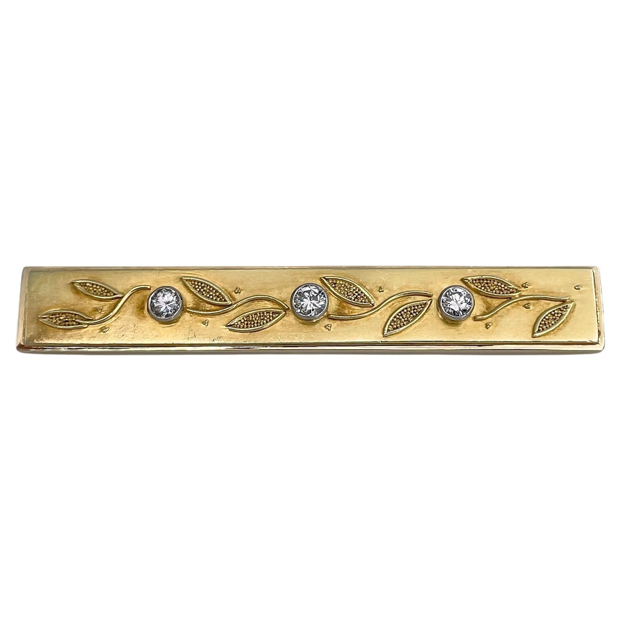 Art Deco 14 Karat Yellow Gold 0.30 Carat Diamond Floral Ornament Bar Brooch