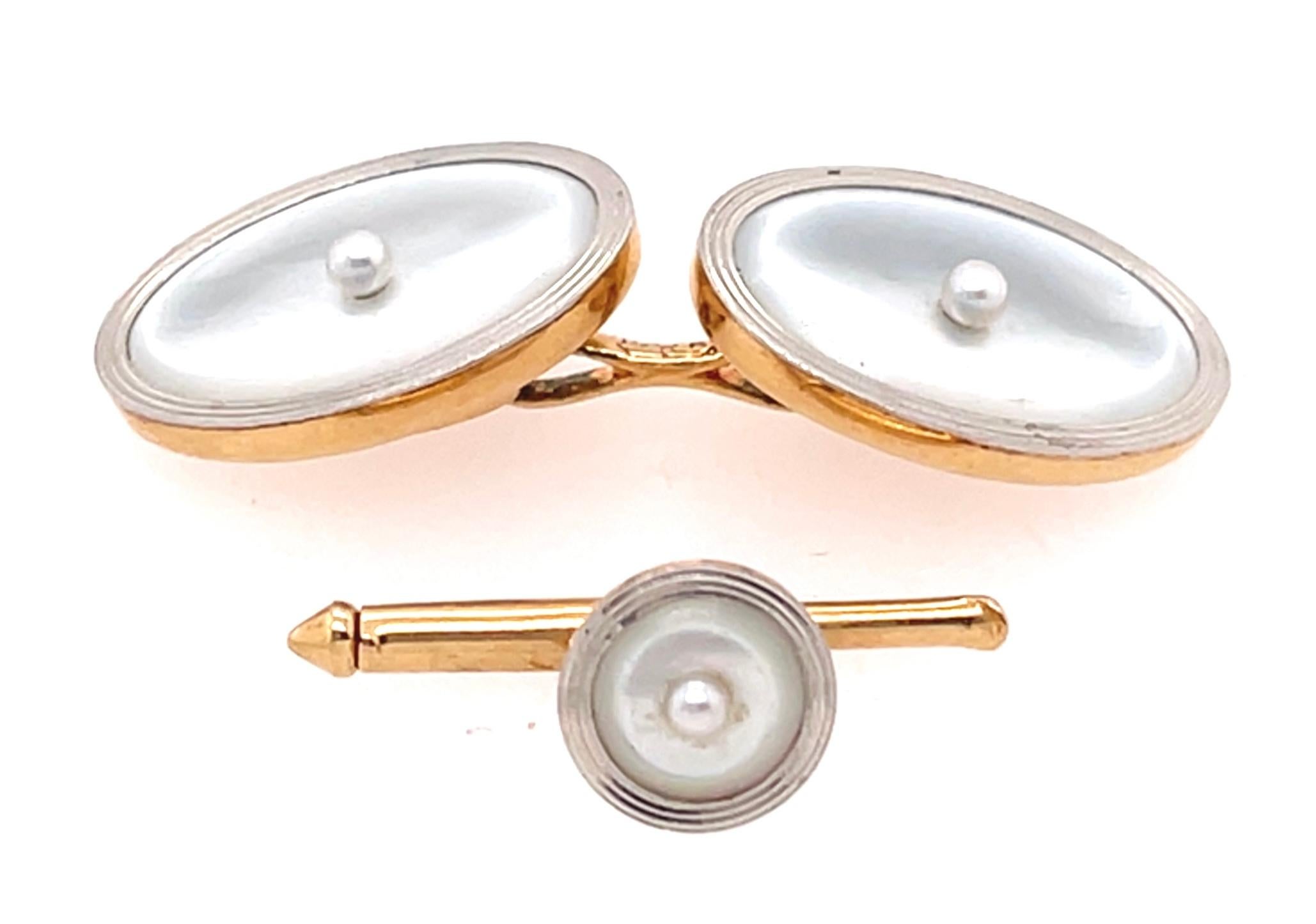 Women's or Men's Art Deco Style 14 Karat Yellow Gold Mother of Pearl Cufflinks and Lapel Pin Set For Sale