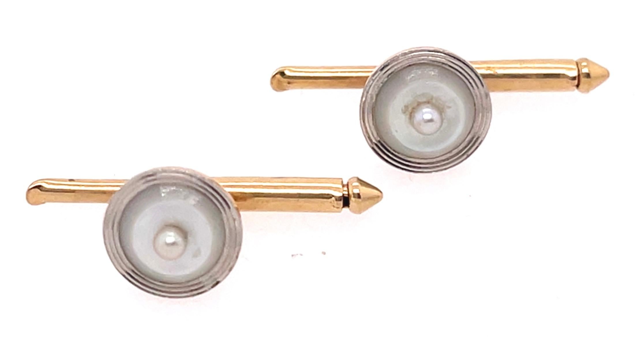 Art Deco Style 14 Karat Yellow Gold Mother of Pearl Cufflinks and Lapel Pin Set For Sale 1