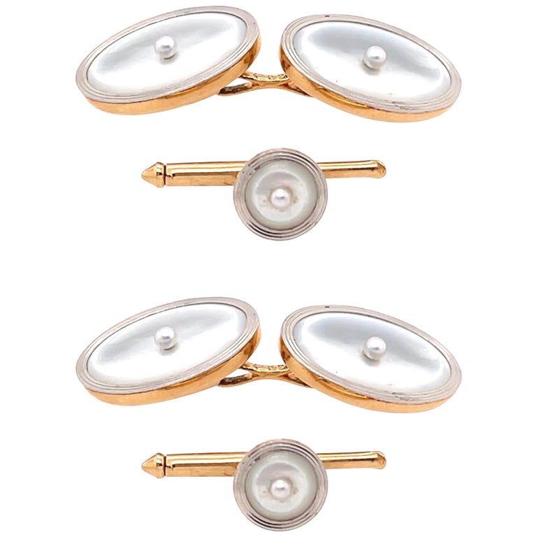 Art Deco Style 14 Karat Yellow Gold Mother of Pearl Cufflinks and Lapel