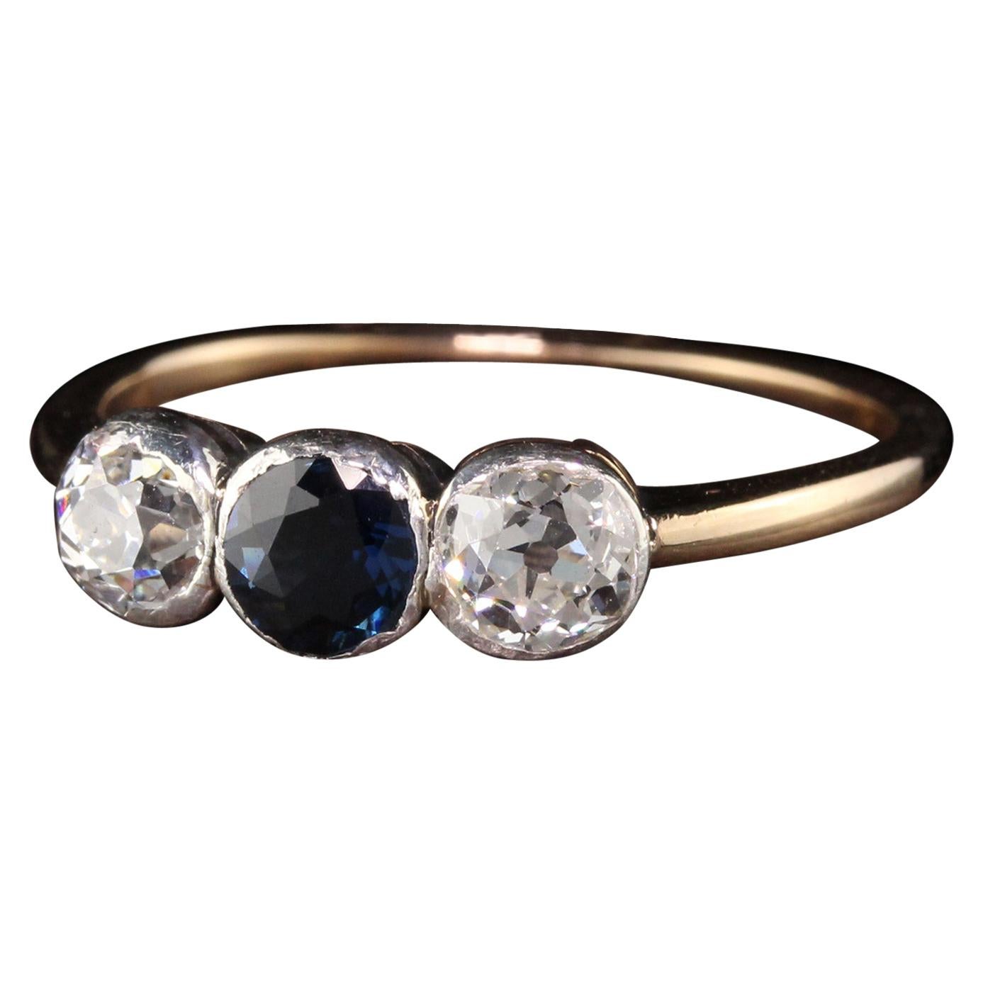 Art Deco 14 Karat Yellow Gold Old European Diamond Sapphire Three-Stone Ring