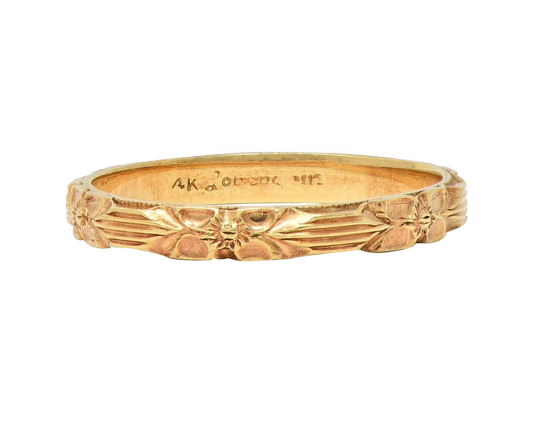 Women's or Men's Art Deco 14 Karat Yellow Gold Orange Blossom Vintage Wedding Band Ring For Sale