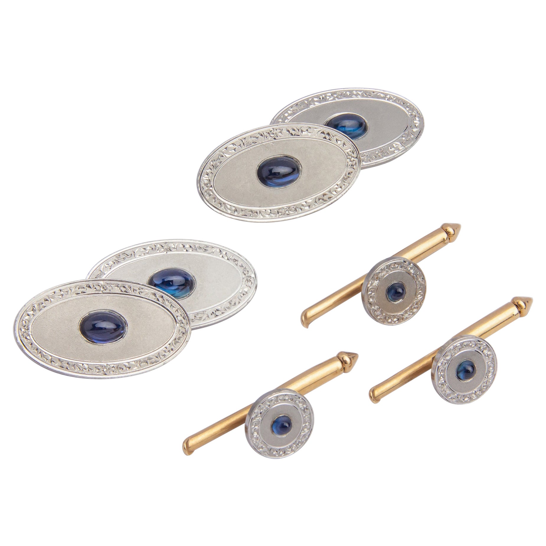 Art Deco, 14 Karat Yellow Gold, Platinum & Sapphire Cufflink & Dress Stud Set