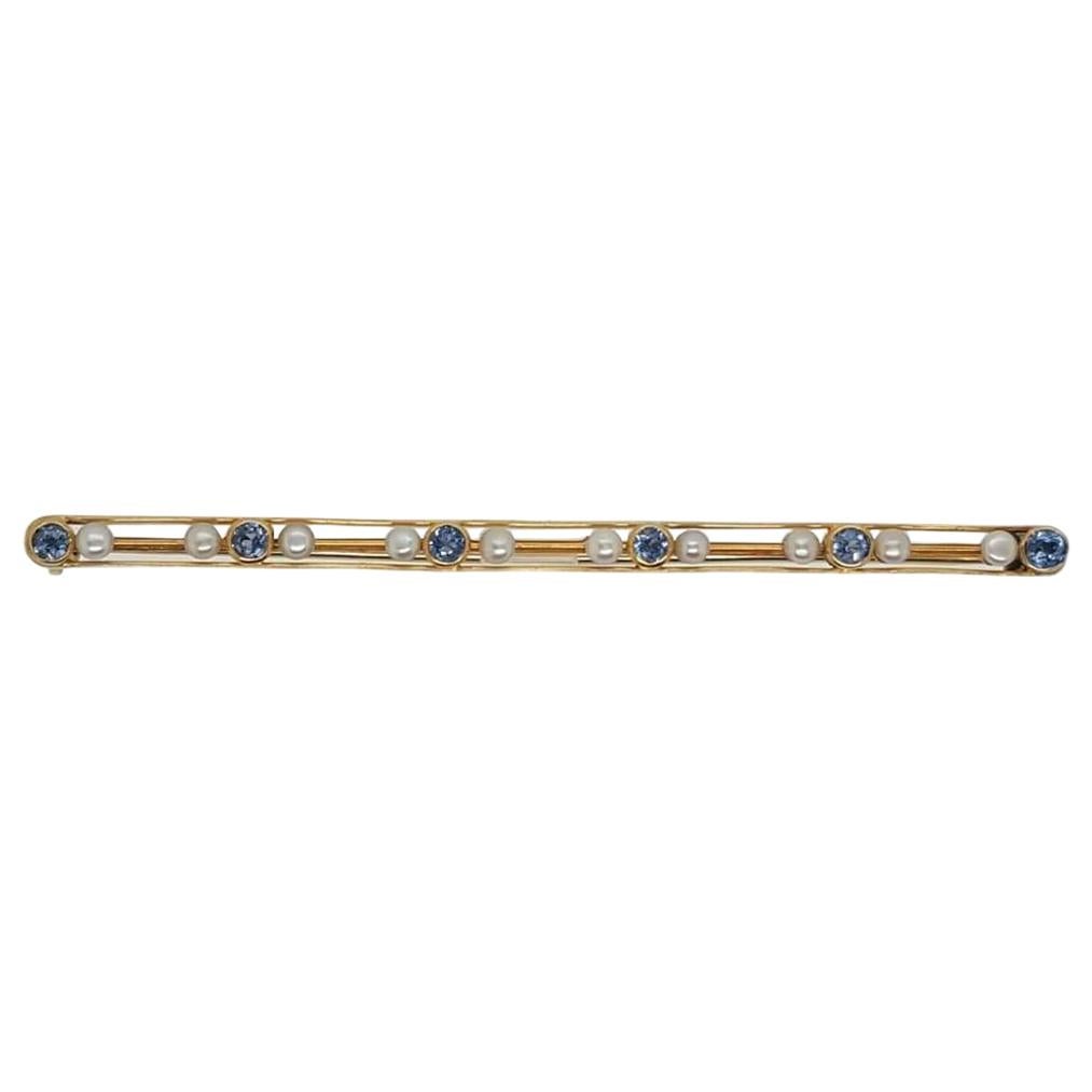 Art Deco 14 Karat Yellow Gold Sapphire and Seed Pearl Bar Brooch For Sale