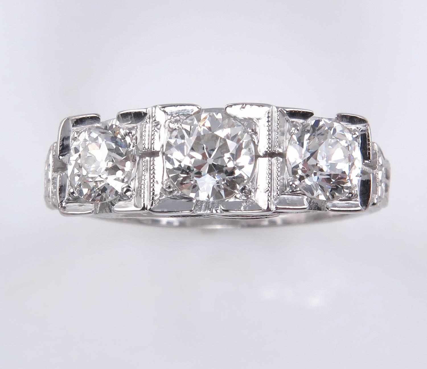 Art Deco 1.40 Carat Old European Diamond 3-Stone Wedding White Gold Ring EGL 5