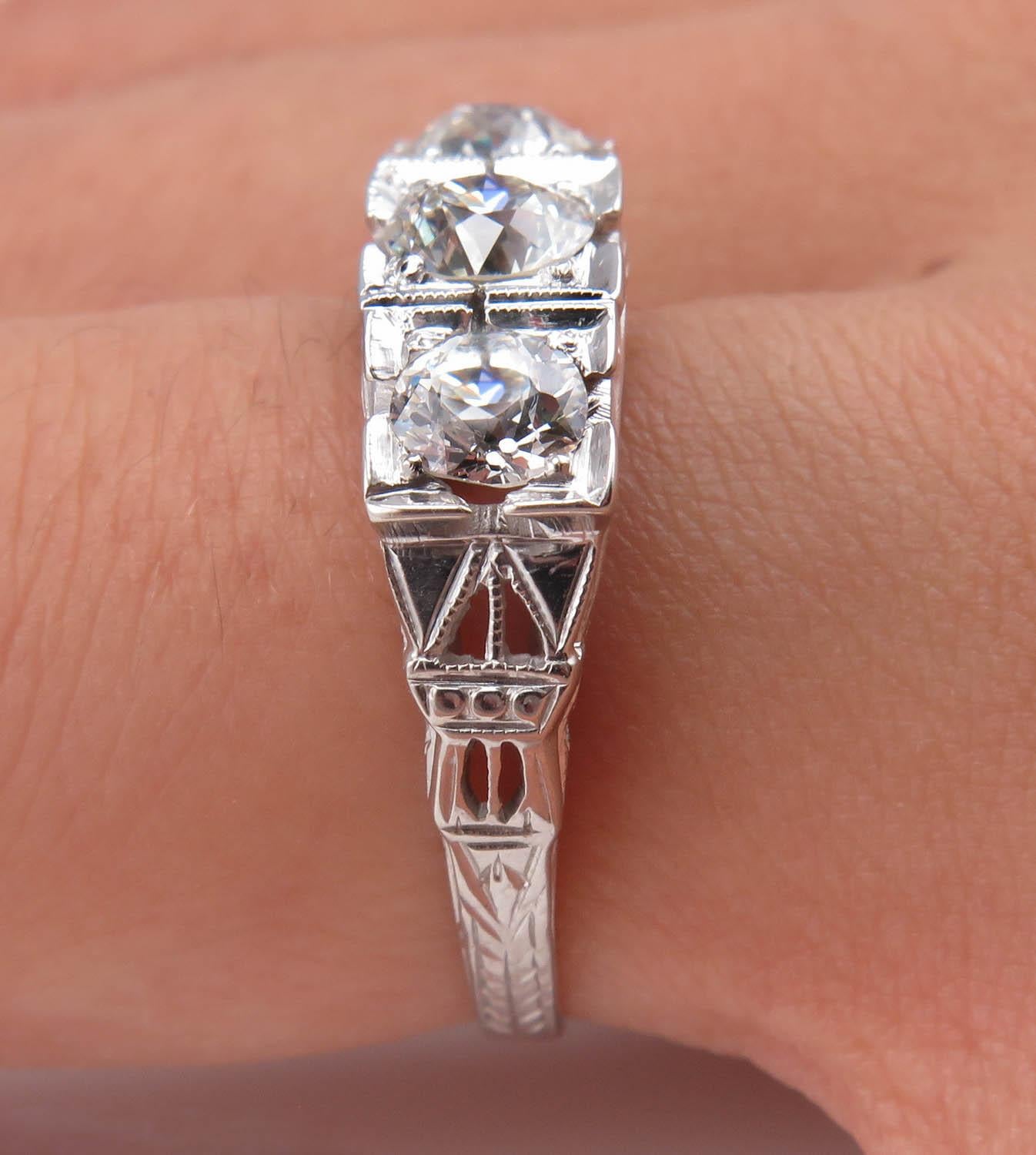 Art Deco 1.40 Carat Old European Diamond 3-Stone Wedding White Gold Ring EGL 9