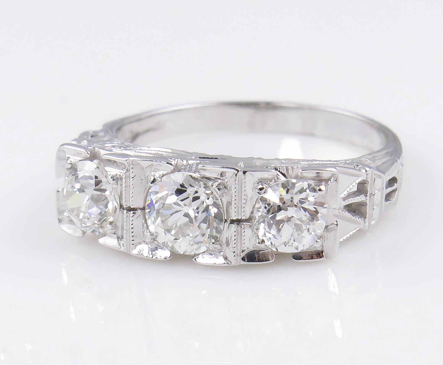 Art Deco 1.40 Carat Old European Diamond 3-Stone Wedding White Gold Ring EGL In Good Condition In New York, NY