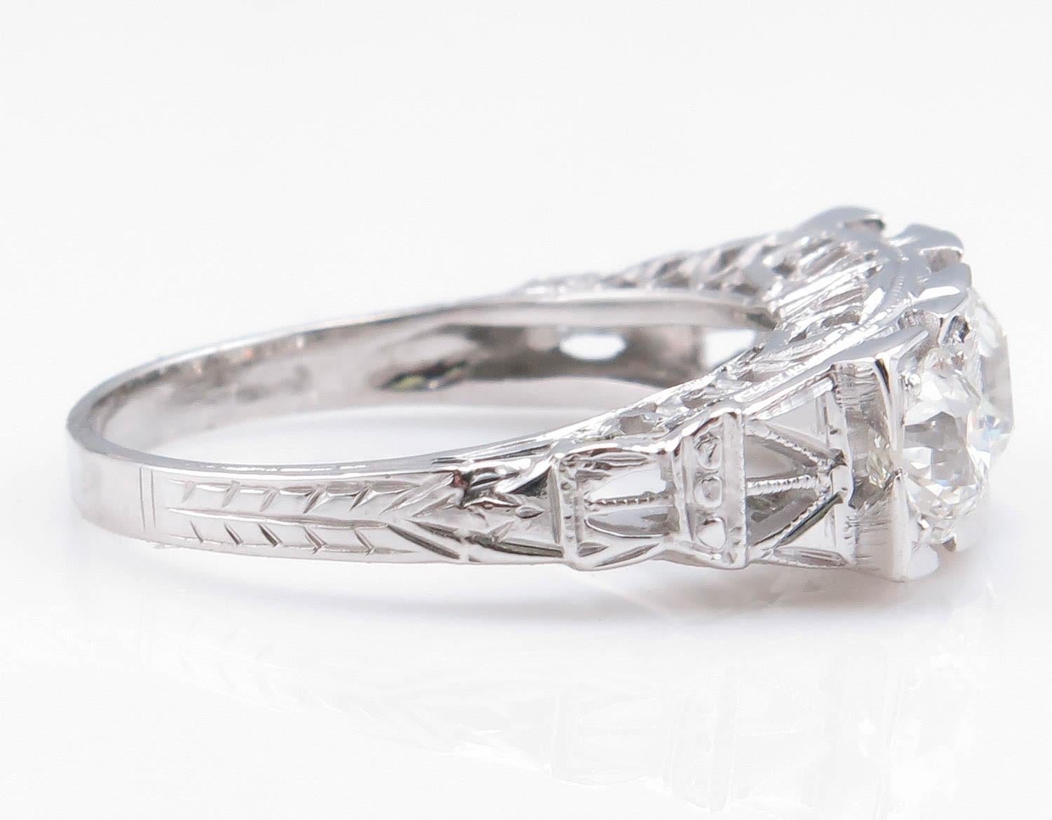 Women's Art Deco 1.40 Carat Old European Diamond 3-Stone Wedding White Gold Ring EGL