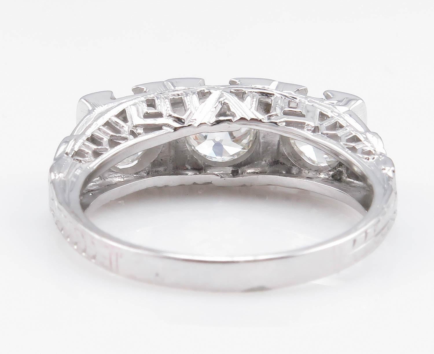 Art Deco 1.40 Carat Old European Diamond 3-Stone Wedding White Gold Ring EGL 1