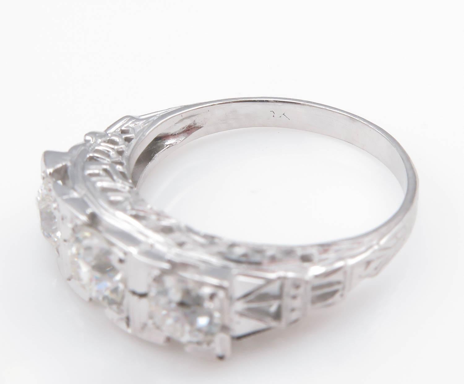 Art Deco 1.40 Carat Old European Diamond 3-Stone Wedding White Gold Ring EGL 3