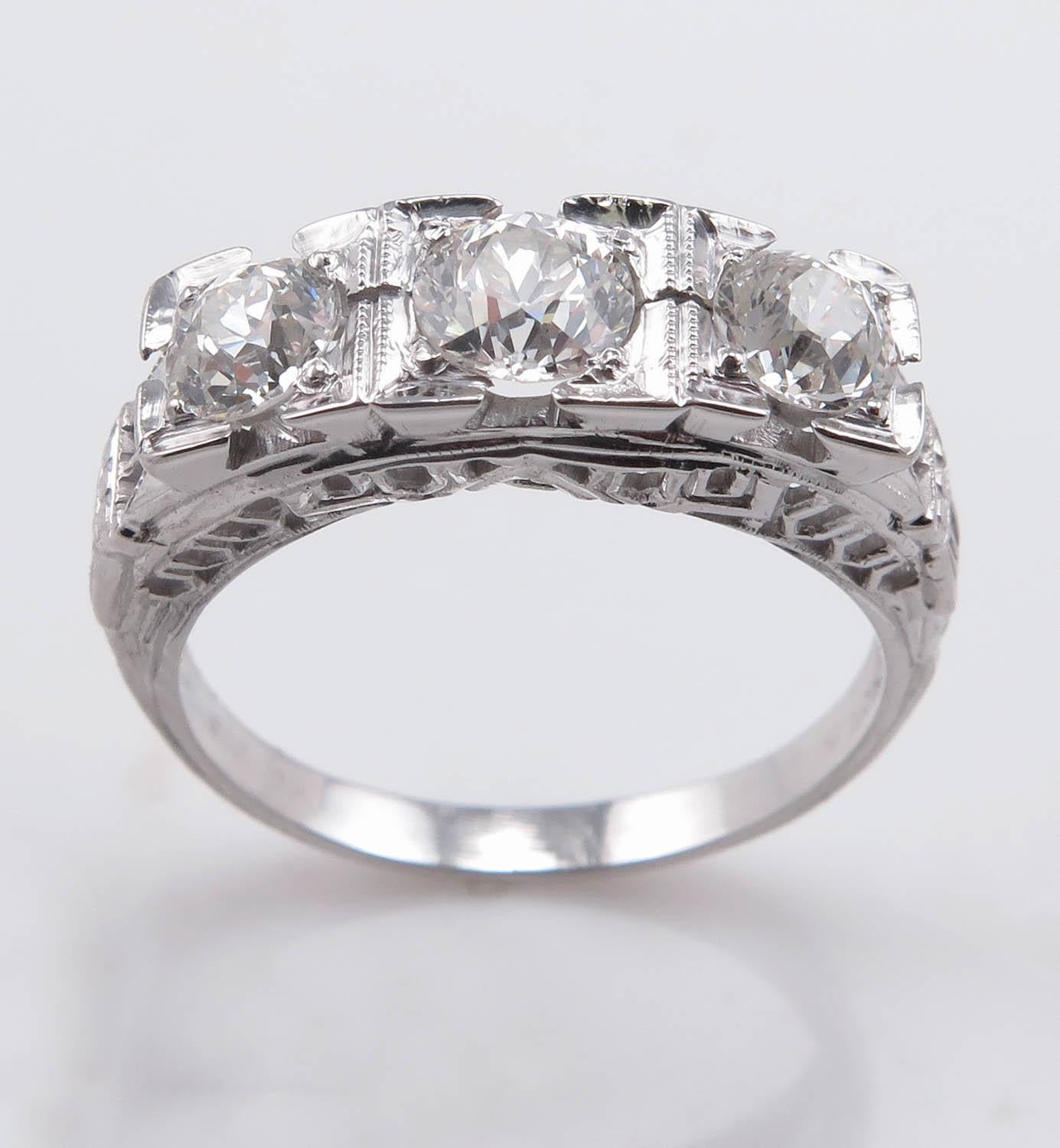Art Deco 1.40 Carat Old European Diamond 3-Stone Wedding White Gold Ring EGL 4