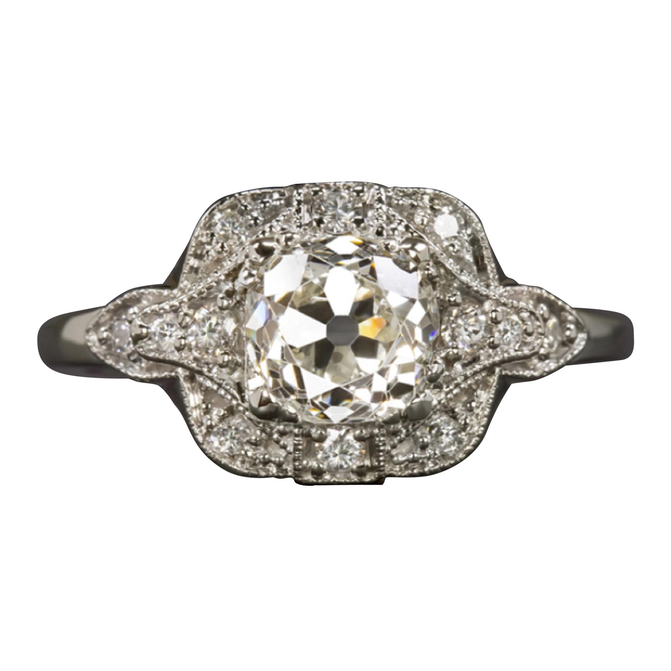 Art Deco 1.40 Carat Old Mine Diamond White Gold Solitaire Ring