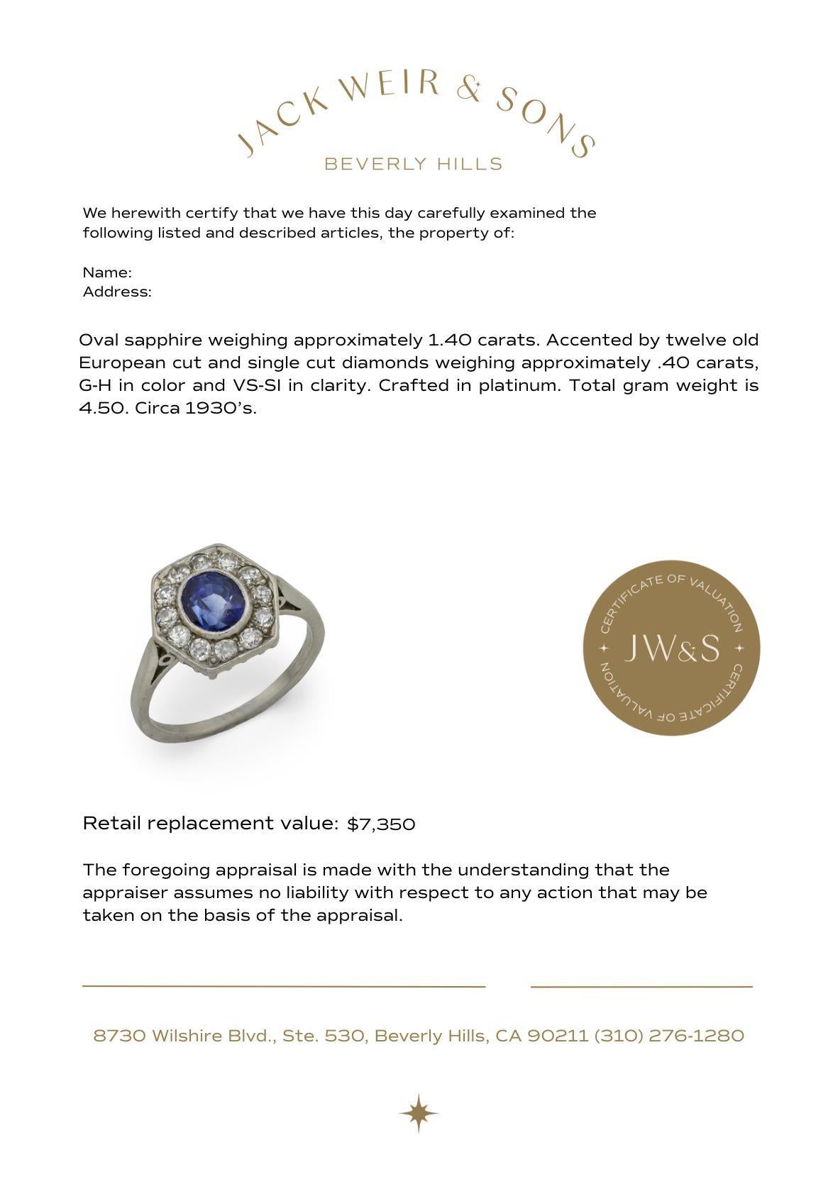 Art Deco 1,40 Karat Saphir-Diamant-Platin-Cluster-Ring im Angebot 1