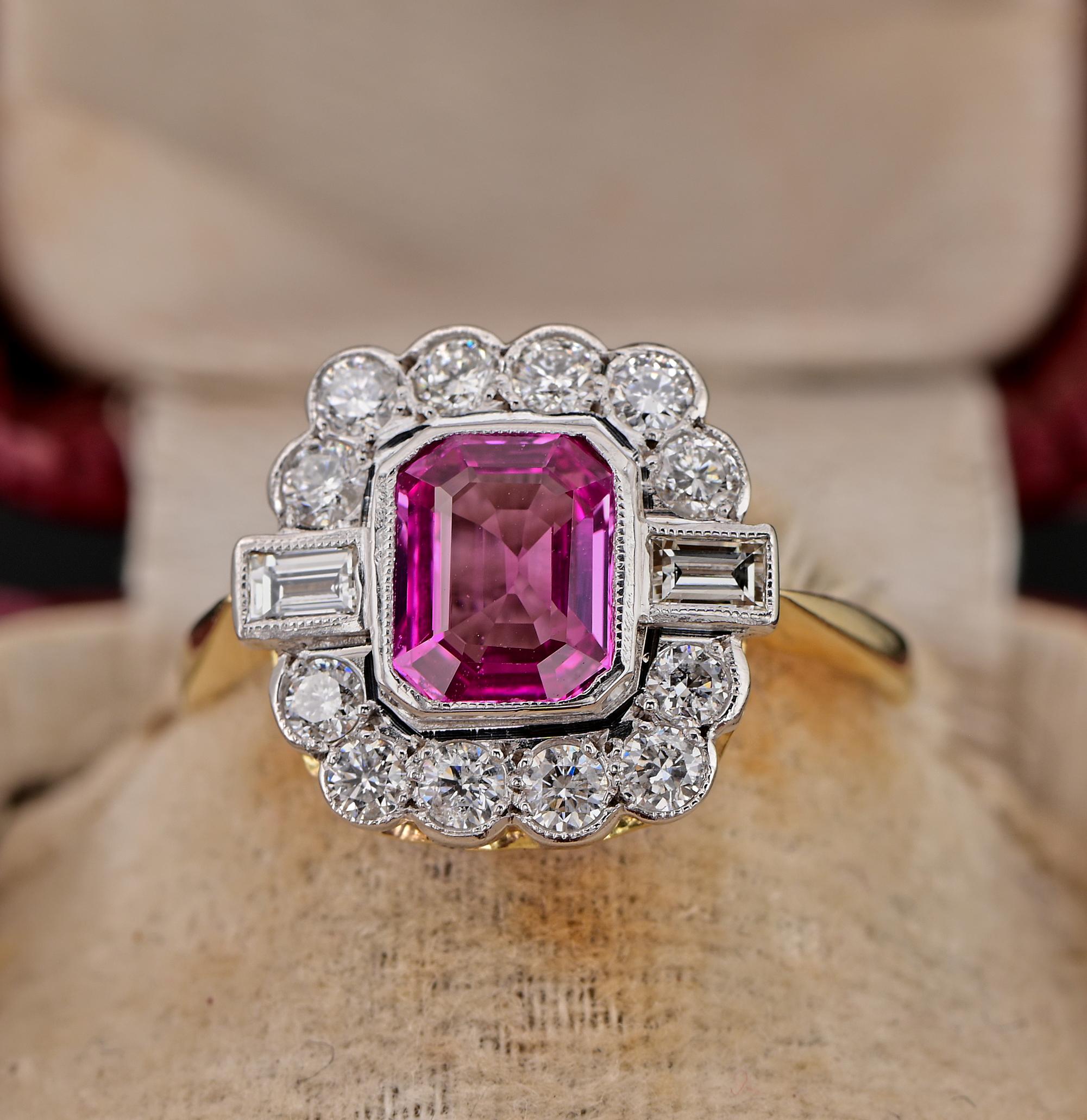 Gorgeous Art Deco Pink Sapphire Diamond ring
Traditional cluster design with a rectangular crown taking inspiration by the main stone
Hand crafted of solid 18 KT gold/ Platinum
Principle Pink Natural is untreated / unheated of known 1.40 Ct. (7.6
