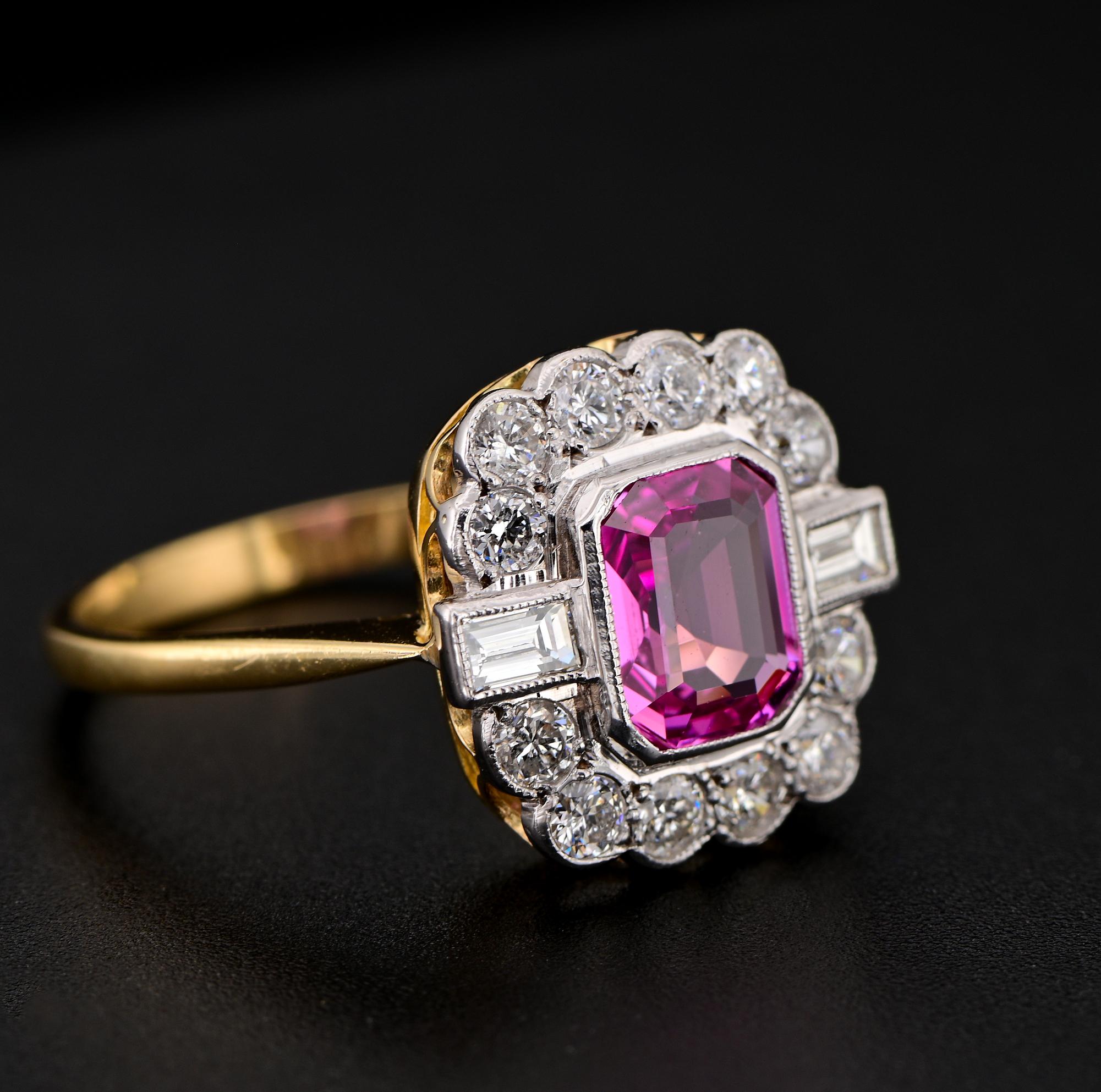 Emerald Cut Art Deco 1.40 Ct. Certified Pink Sapphire 1.04 CT Diamond Ring For Sale