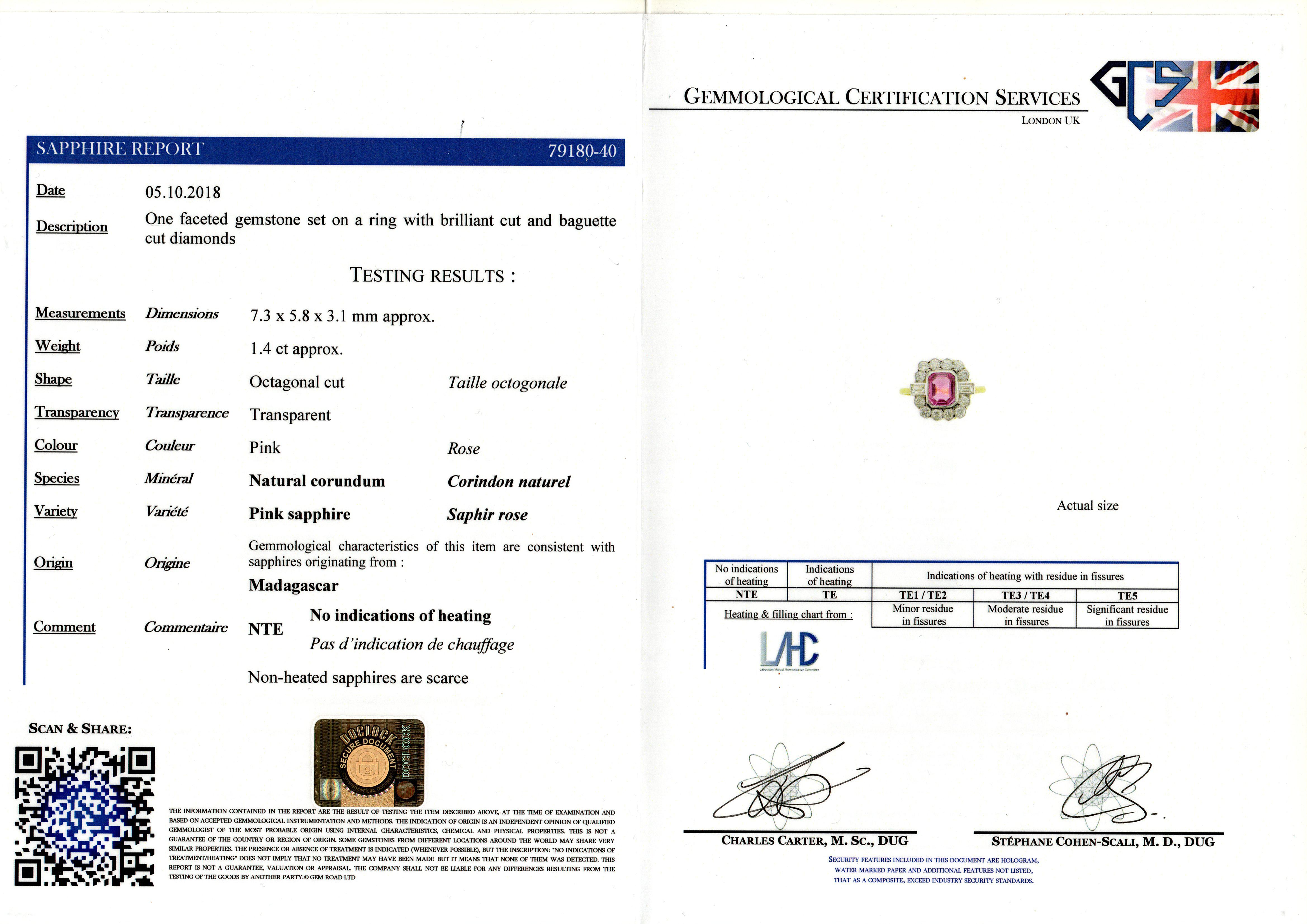 Art déco - 1.40 carats Bague en saphir rose certifié 1,04 carat et diamants en vente 3