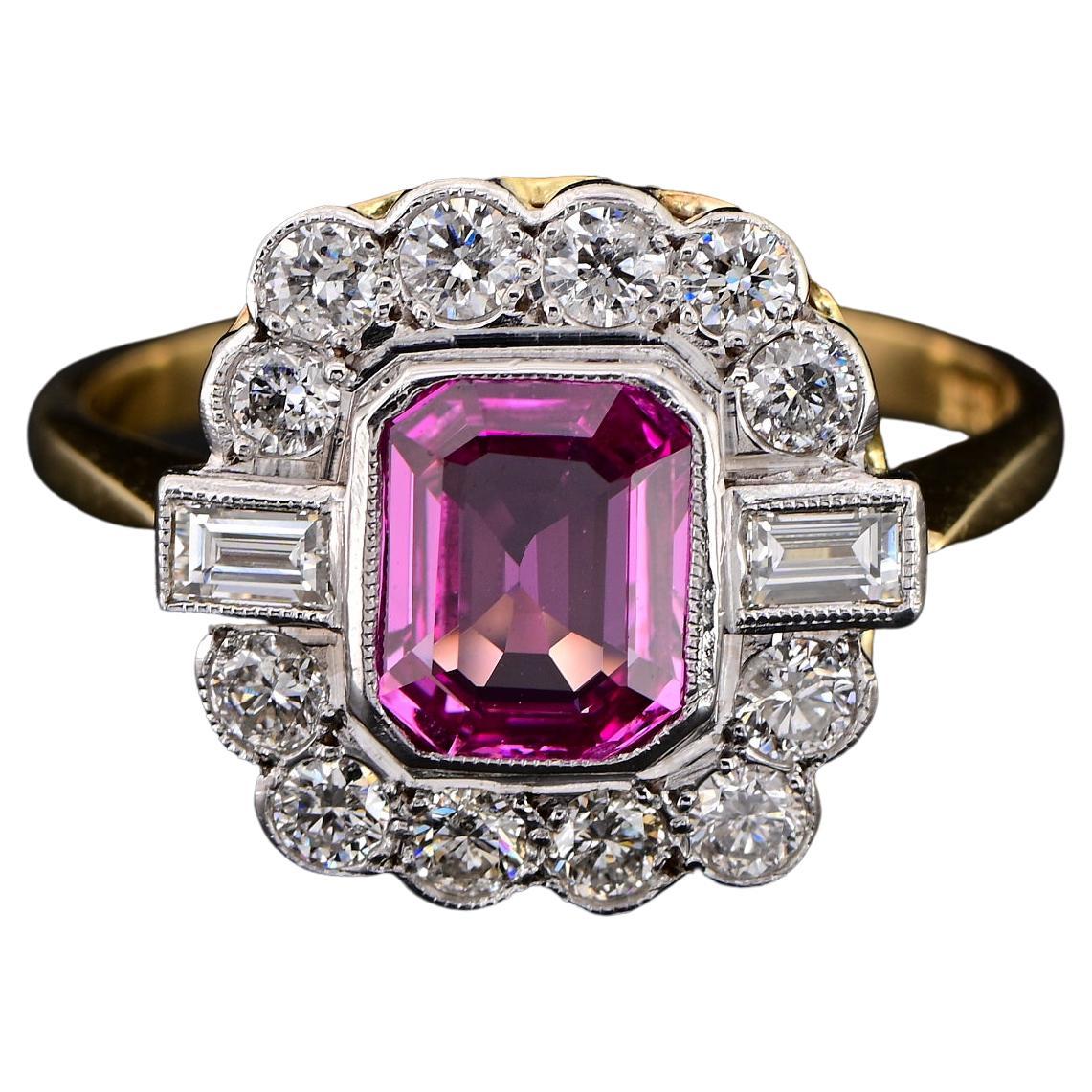 Art Deco 1.40 Karat. zertifizierter rosa Saphir 1,04 Karat Diamantring