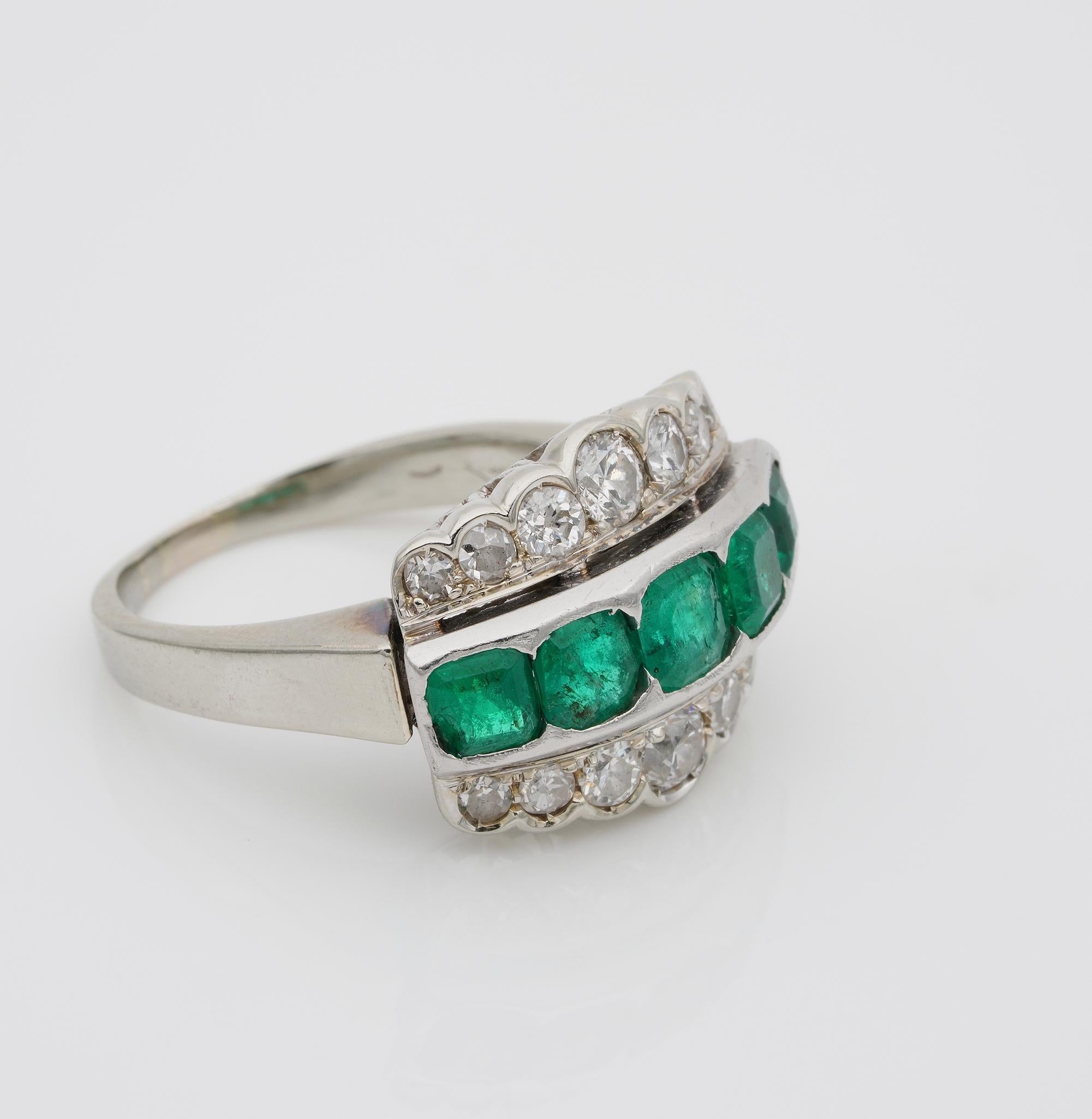 Emerald Cut Art Deco 1.40 Carat Colombian Emerald 1.20 Carat Old Cut Diamond Ring