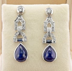 Art Deco 14.0 Ct Natural Sapphire 1.0 Ct Diamond Drop Earrings