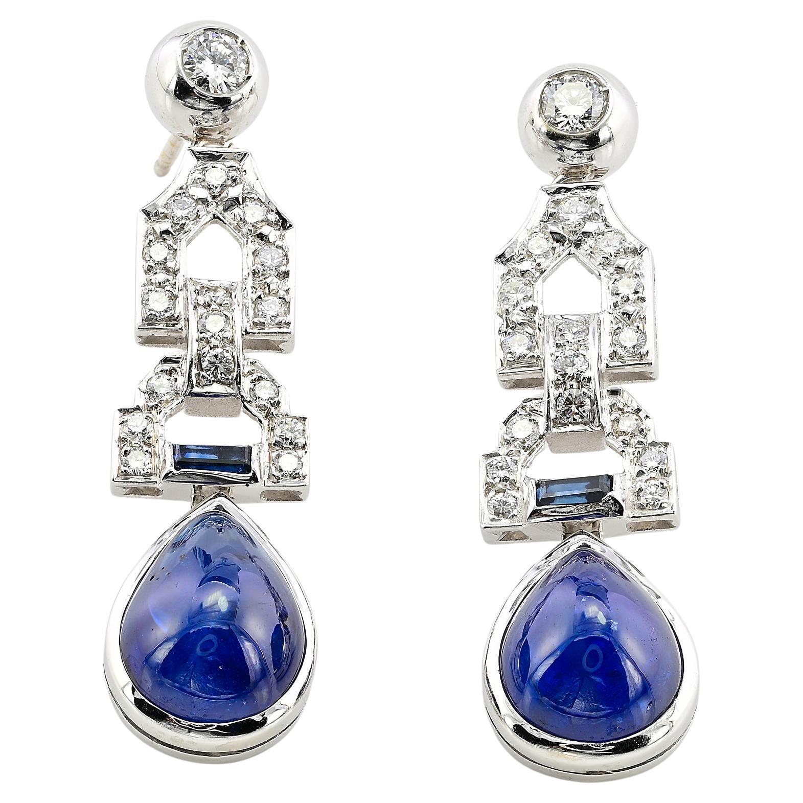 Art Deco 14.0 Ct Natural Sapphire 1.0 Ct Diamond Drop Earrings
