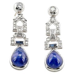 Vintage Art Deco 14.0 Ct Natural Sapphire 1.0 Ct Diamond Drop Earrings