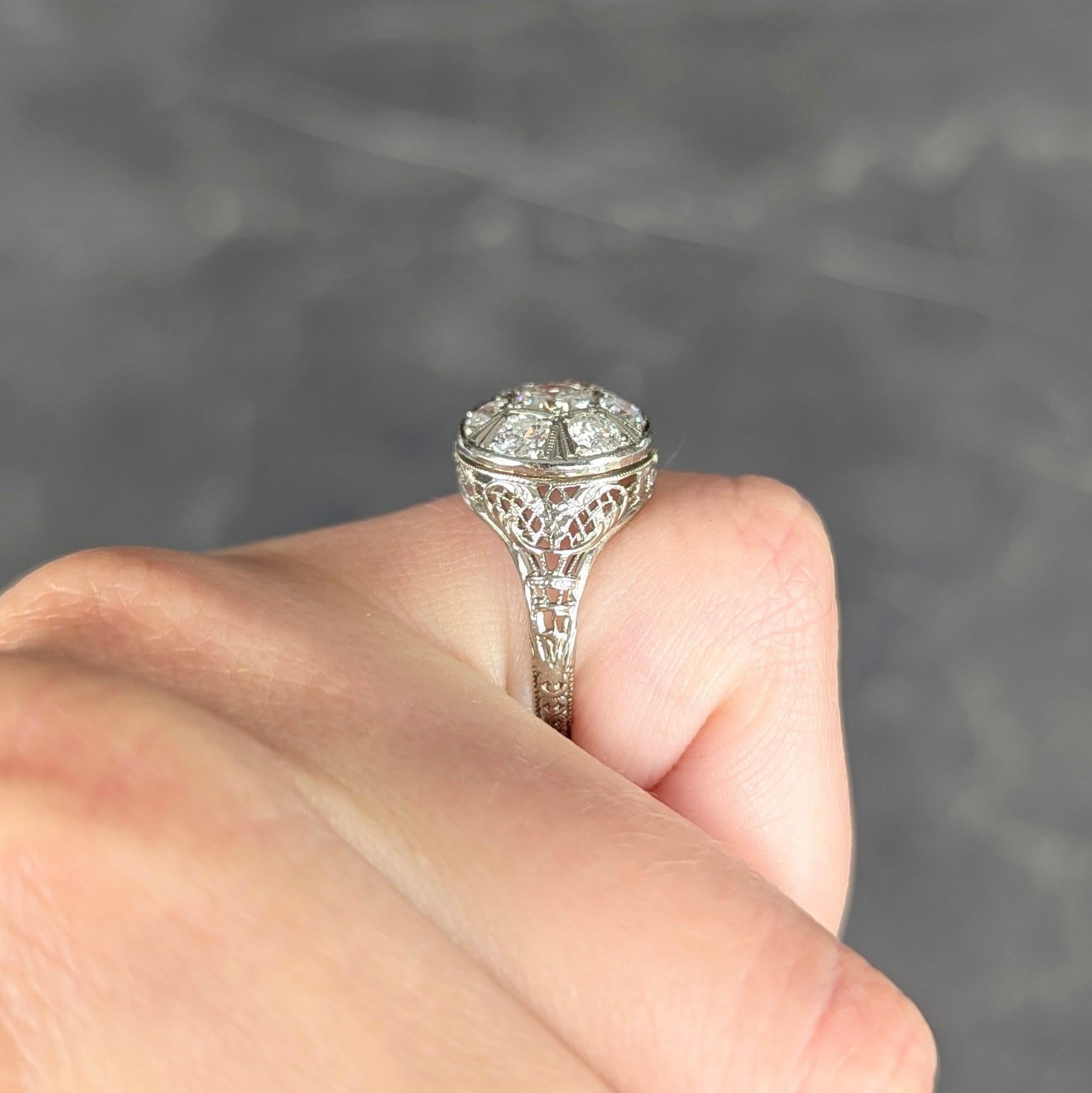 Art Deco 1.40 CTW Diamond 18 Karat White Gold Vintage Trellis Cluster Ring For Sale 5
