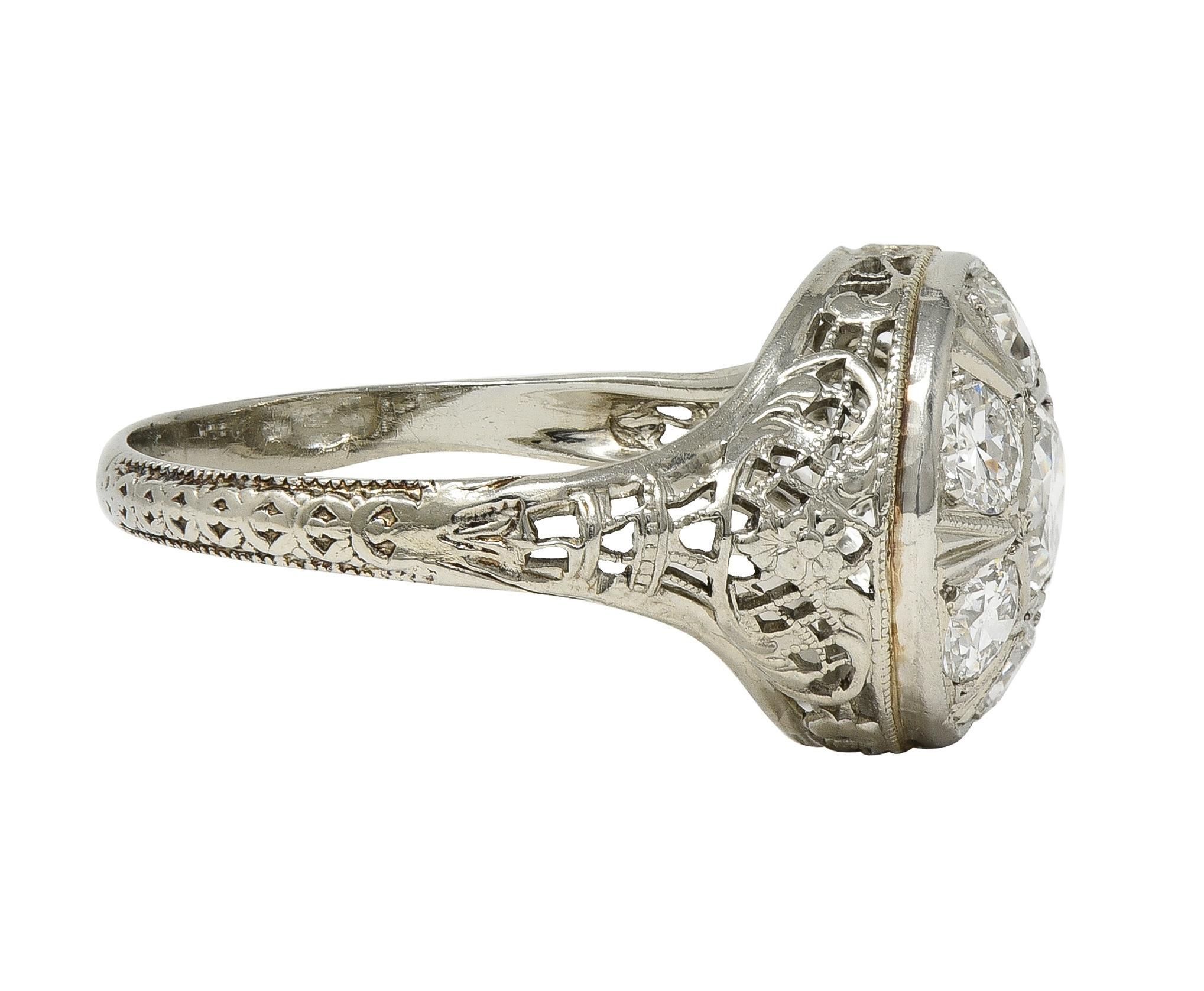 Old European Cut Art Deco 1.40 CTW Diamond 18 Karat White Gold Vintage Trellis Cluster Ring For Sale