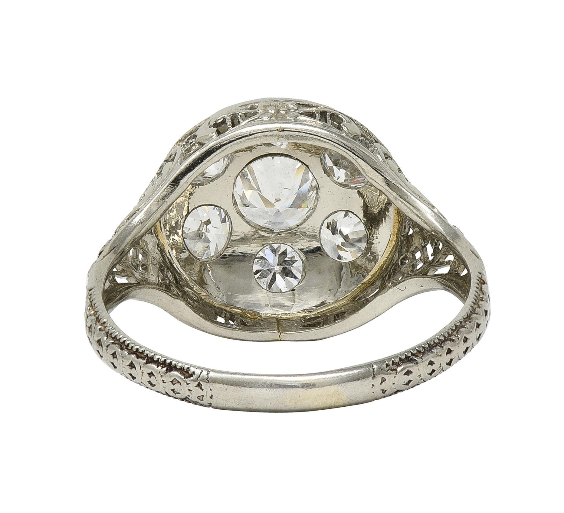 Art Deco 1.40 CTW Diamond 18 Karat White Gold Vintage Trellis Cluster Ring In Excellent Condition For Sale In Philadelphia, PA