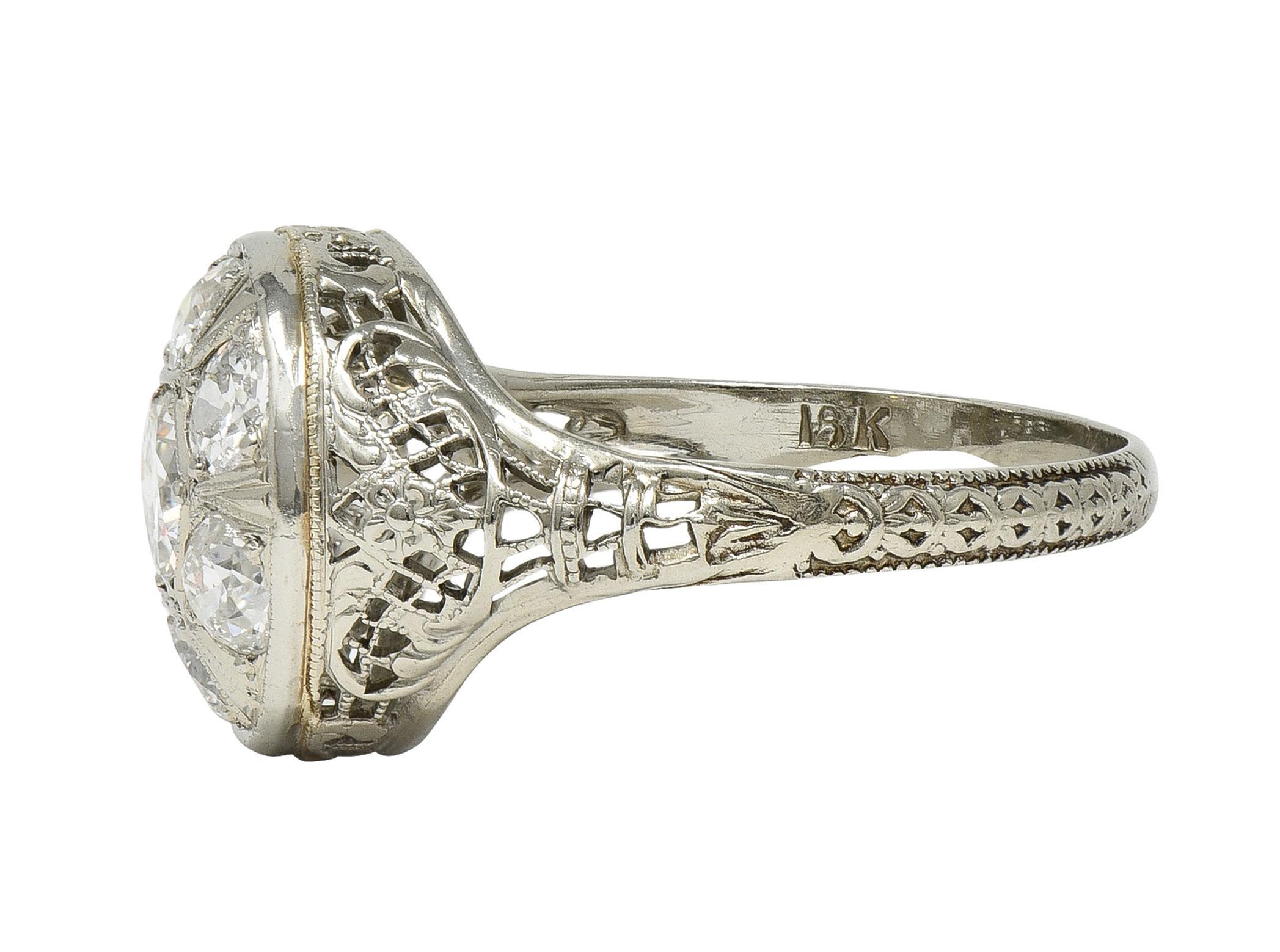 Women's or Men's Art Deco 1.40 CTW Diamond 18 Karat White Gold Vintage Trellis Cluster Ring For Sale