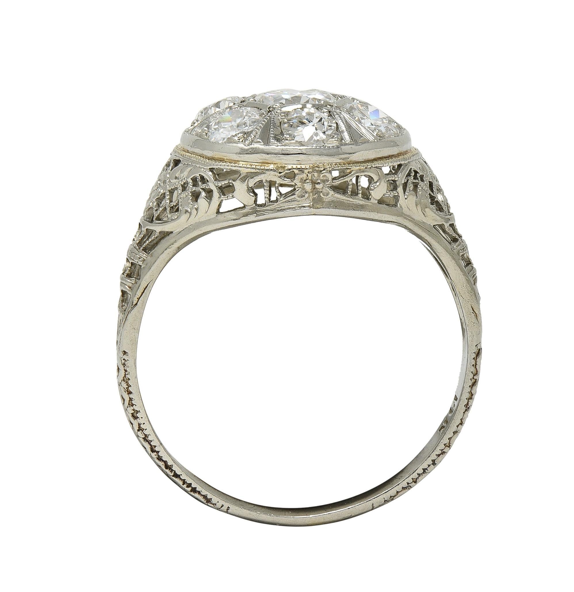Art Deco 1.40 CTW Diamond 18 Karat White Gold Vintage Trellis Cluster Ring For Sale 2