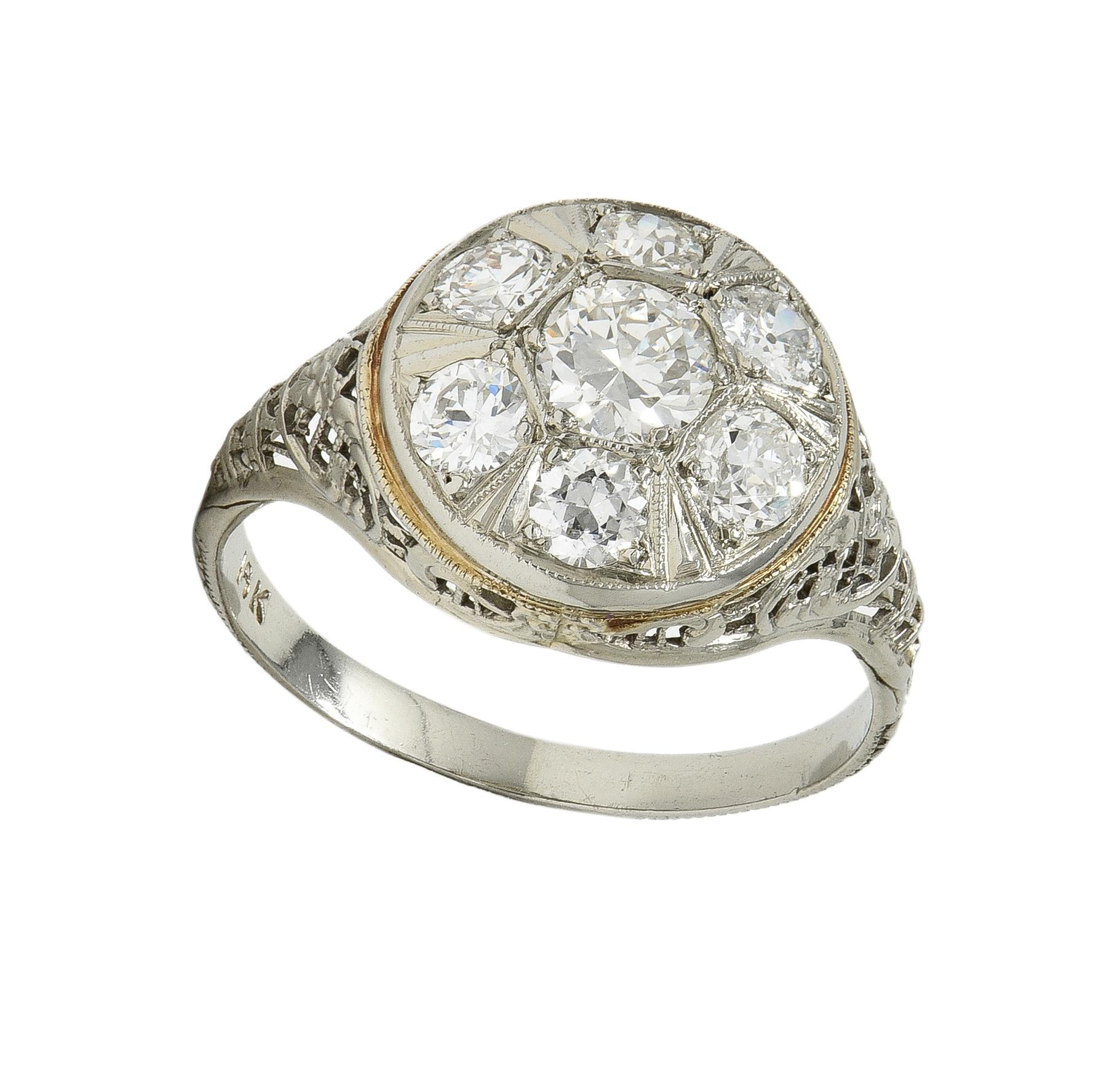 Art Deco 1.40 CTW Diamond 18 Karat White Gold Vintage Trellis Cluster Ring For Sale 3