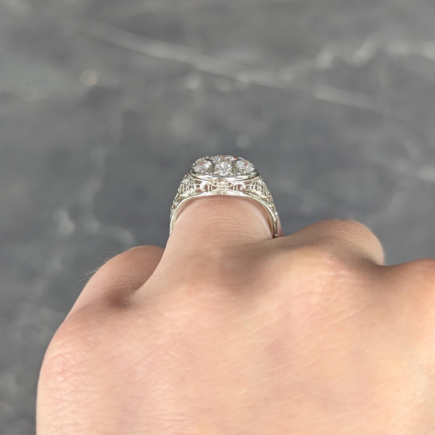 Art Deco 1.40 CTW Diamond 18 Karat White Gold Vintage Trellis Cluster Ring For Sale 4