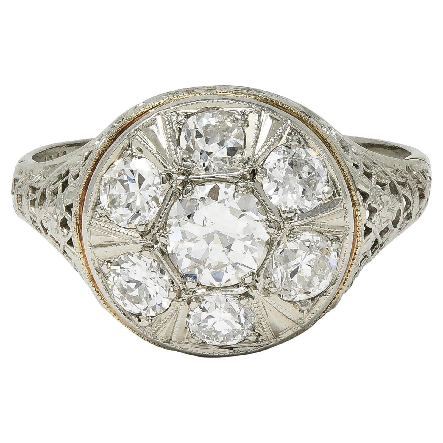 Art Deco 1.40 CTW Diamond 18 Karat White Gold Vintage Trellis Cluster Ring For Sale