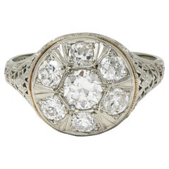 Art Deco 1.40 CTW Diamond 18 Karat White Gold Vintage Trellis Cluster Ring