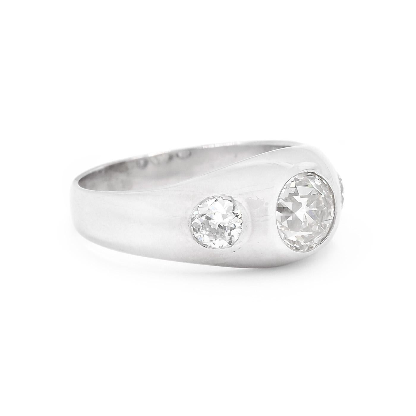 Art Deco era 1.40 Ctw. Old European Cut Diamond 3-Stone Ring composed of platinum. The center 1.00 carat Old European Cut diamond is GIA certified J color & VS2 and is flanked by 2 Old European Cut diamonds that weigh approximately 0.40 carats in