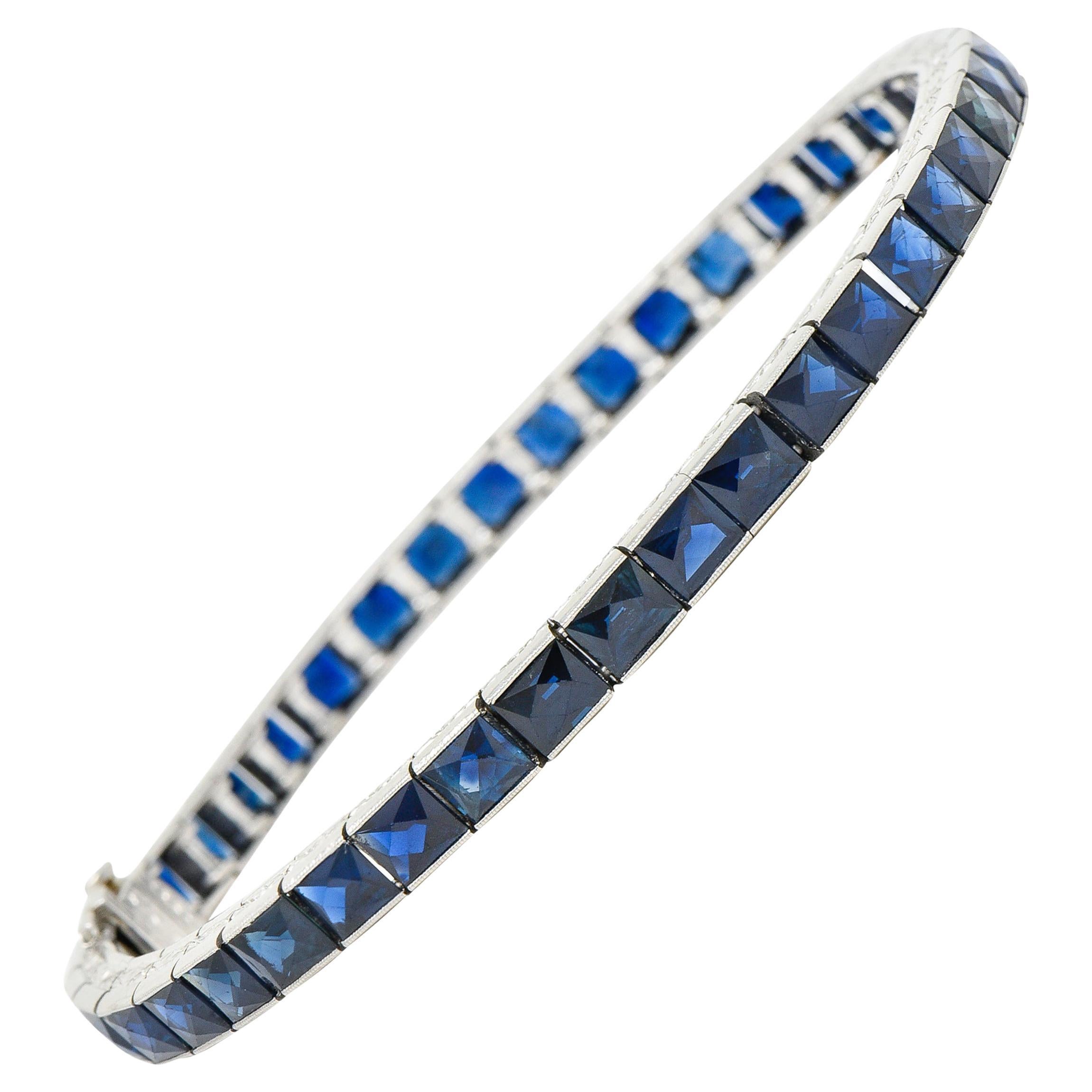 Art Deco 14.00 Carats French Cut Sapphire Platinum Line Bracelet