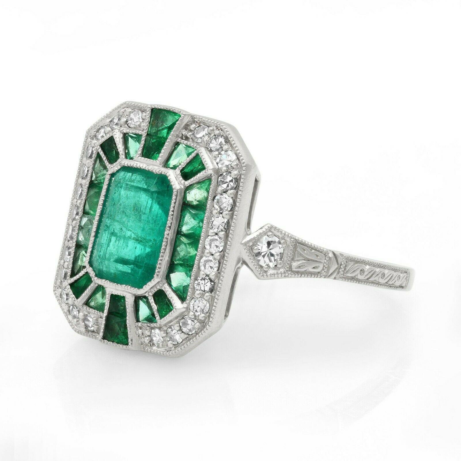 Emerald Cut Art Deco Style 1.41 Ct Center Emerald Diamond 2.27 Tcw Platinum Engagement Ring
