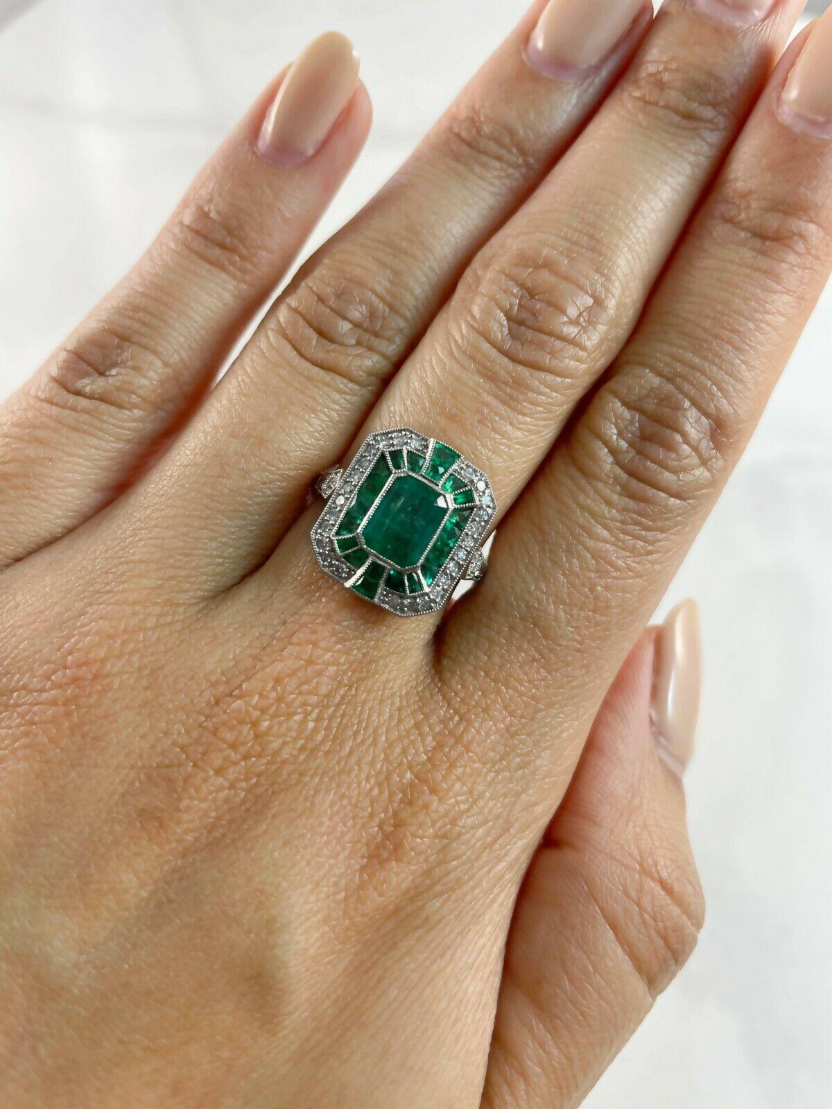 Art Deco Style 1.41 Ct Center Emerald Diamond 2.27 Tcw Platinum Engagement Ring In New Condition In Los Angeles, CA
