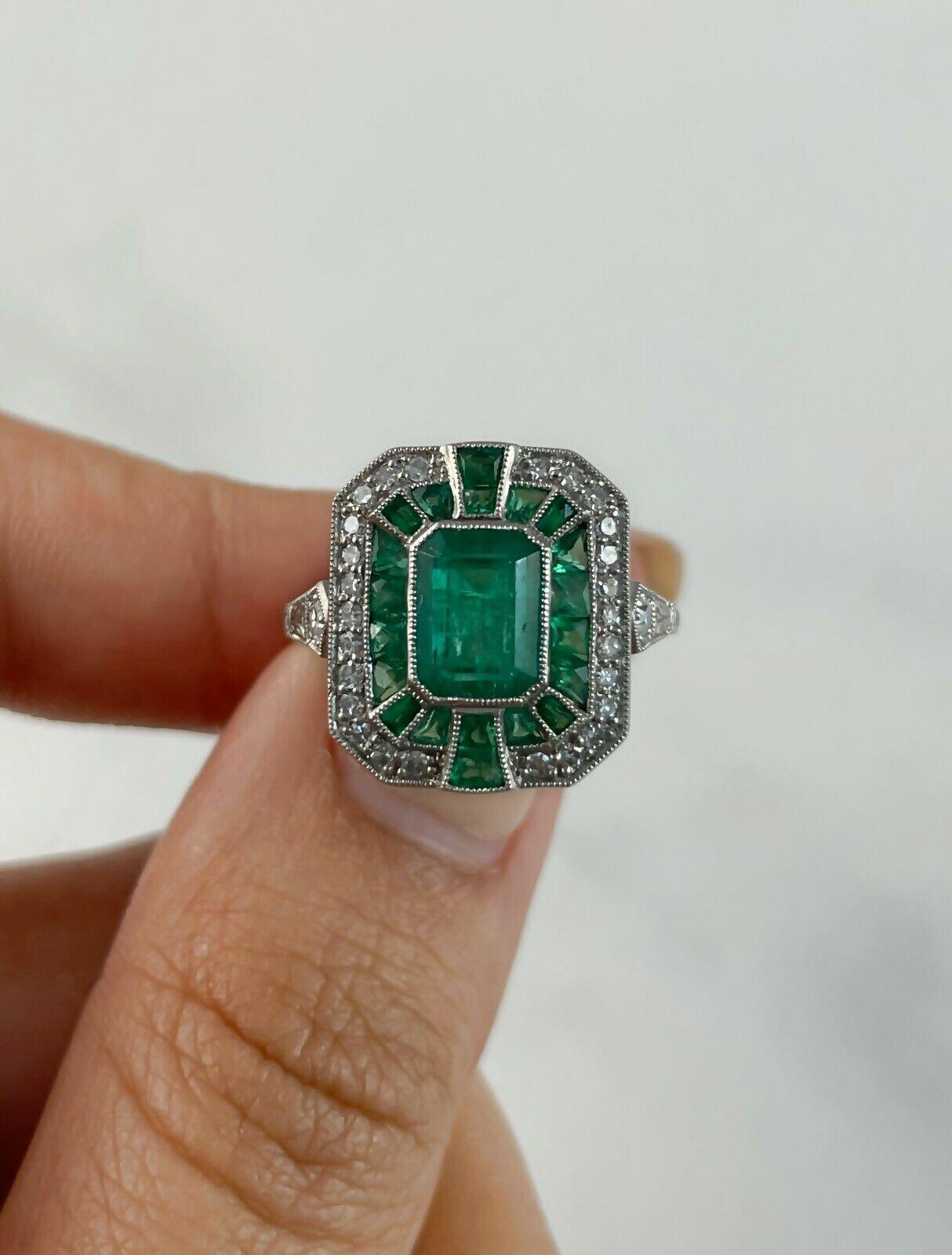 Art Deco Style 1.41 Ct Center Emerald Diamond 2.27 Tcw Platinum Engagement Ring 1