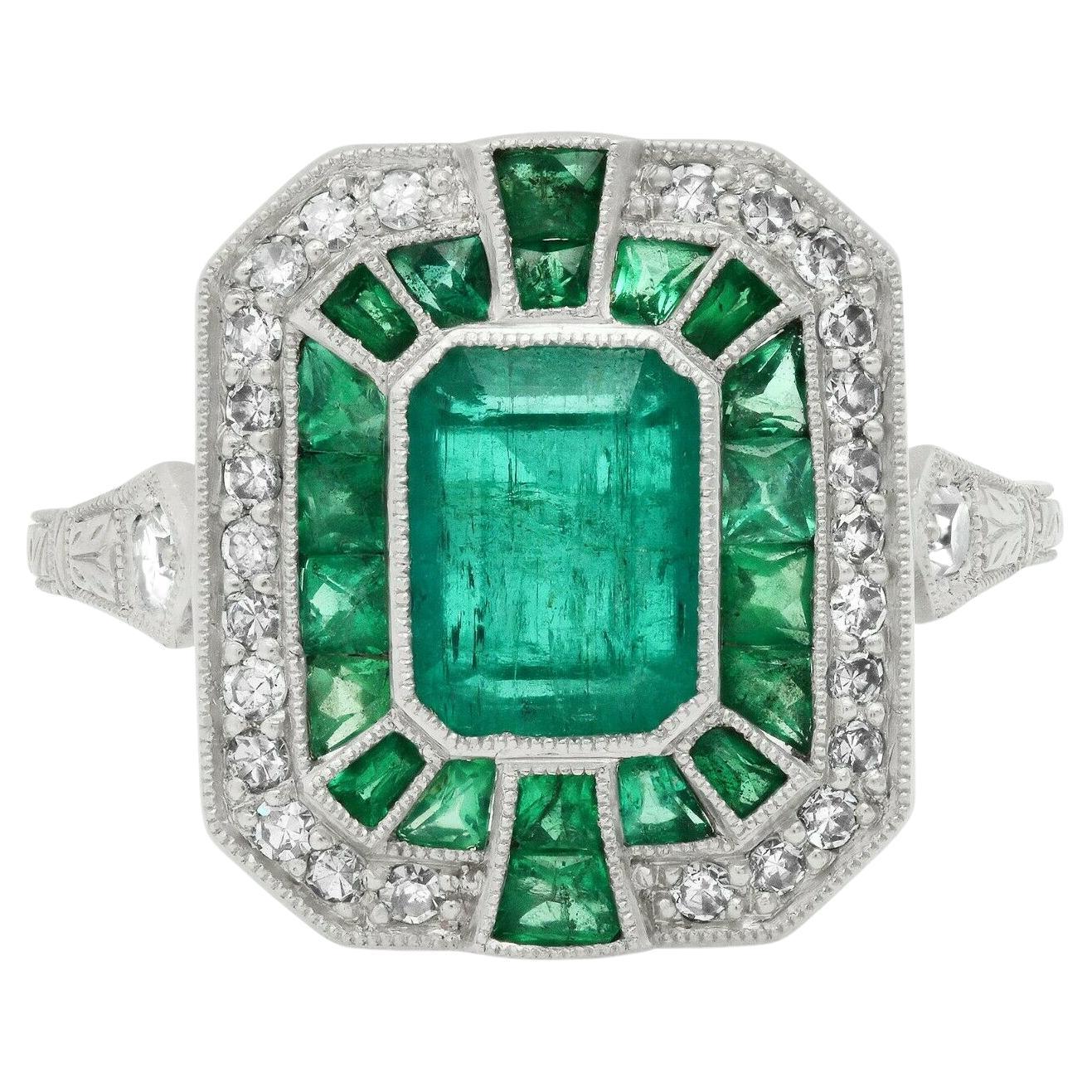 Art Deco Style 1.41 Ct Center Emerald Diamond 2.27 Tcw Platinum Engagement Ring