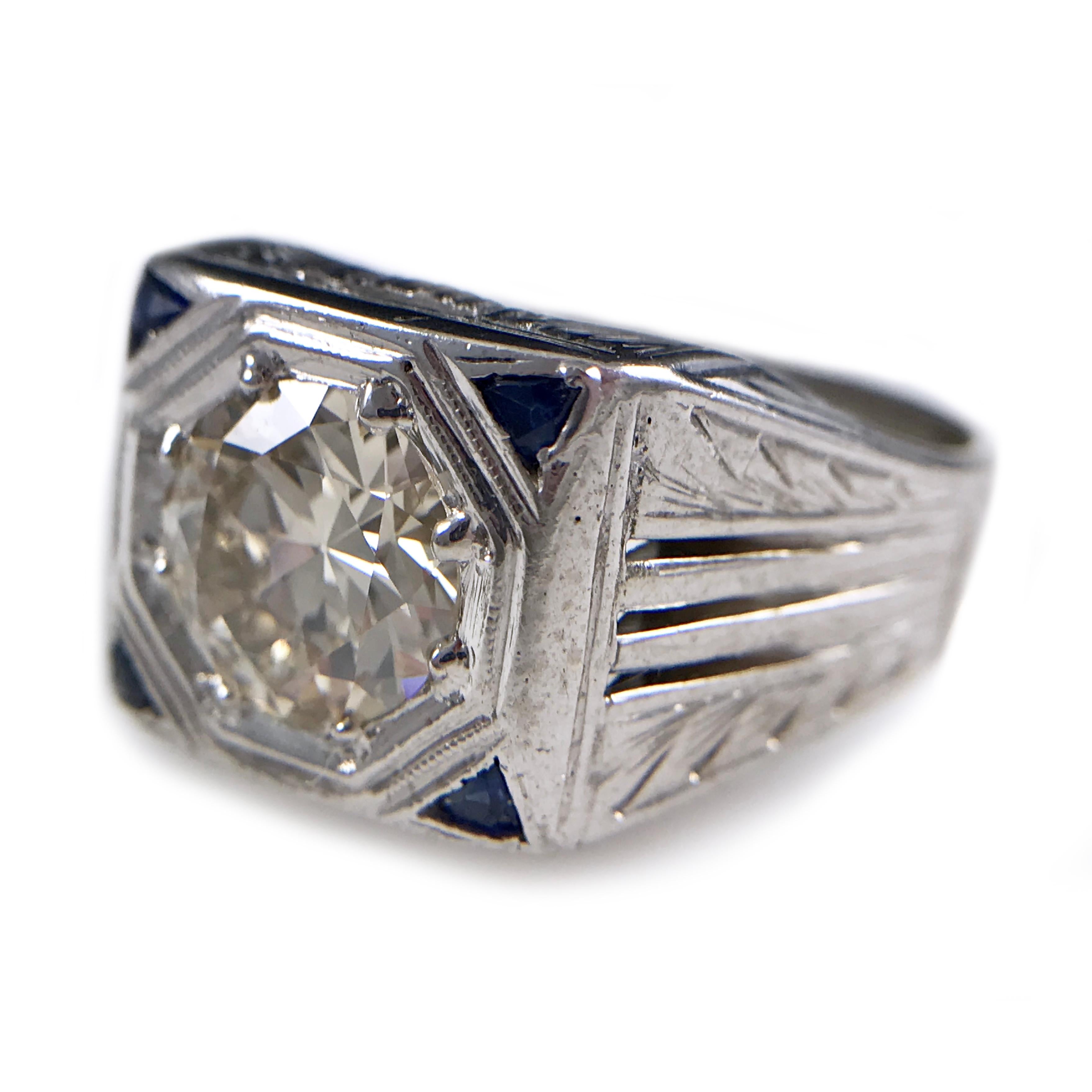 Old European Cut Art Deco 1.41 Carat Diamond Sapphire Ring