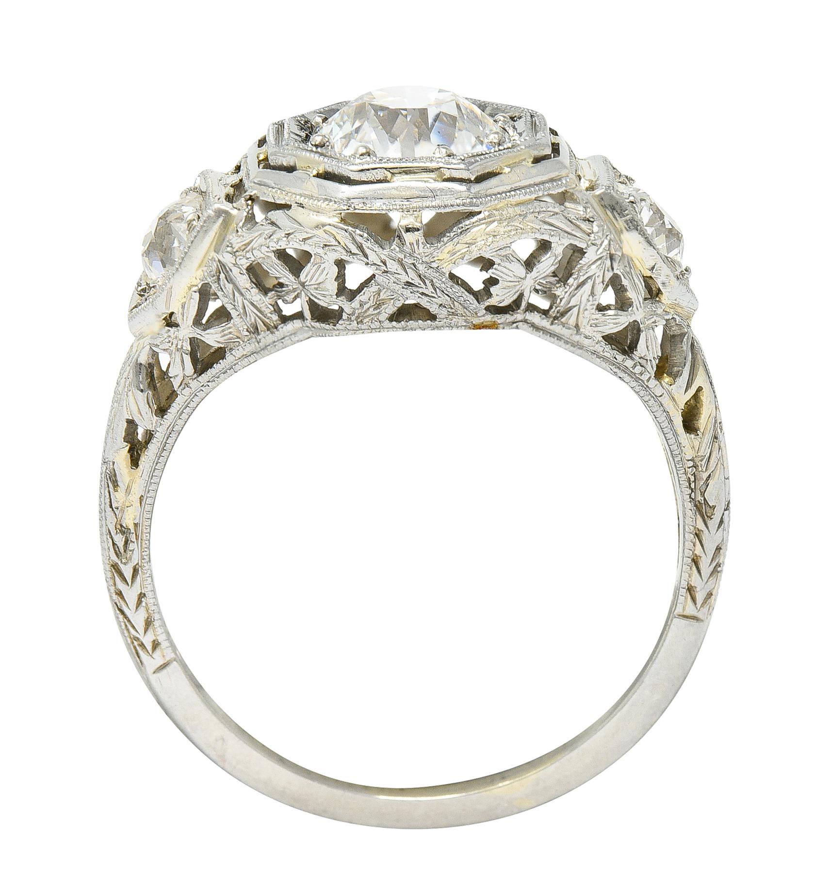 Art Deco 1.41 Carats Diamond 18 Karat White Gold Floral Engagement Ring GIA For Sale 3