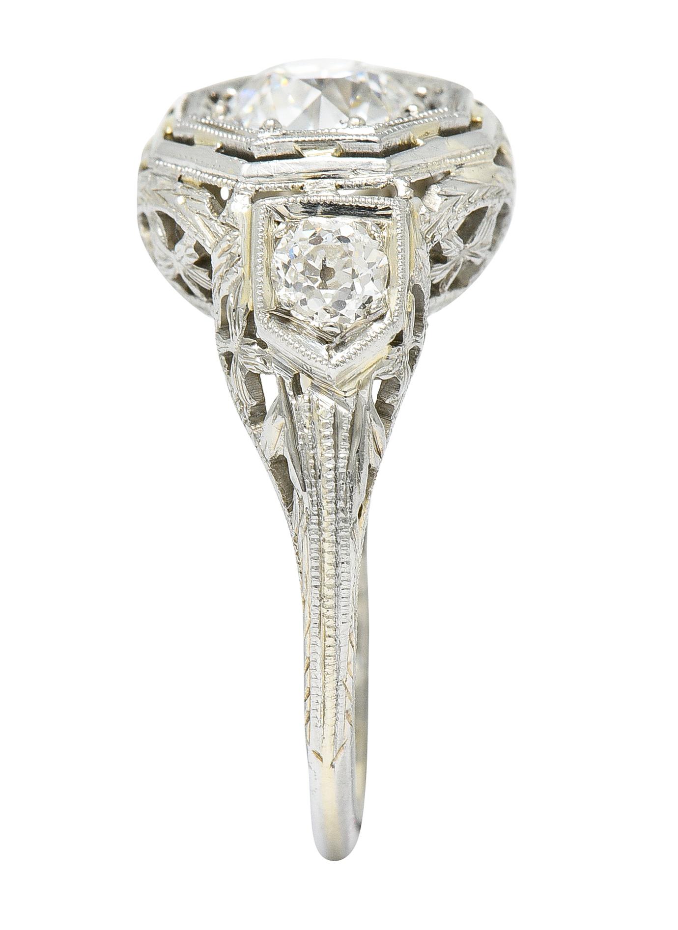Art Deco 1.41 Carats Diamond 18 Karat White Gold Floral Engagement Ring GIA For Sale 4