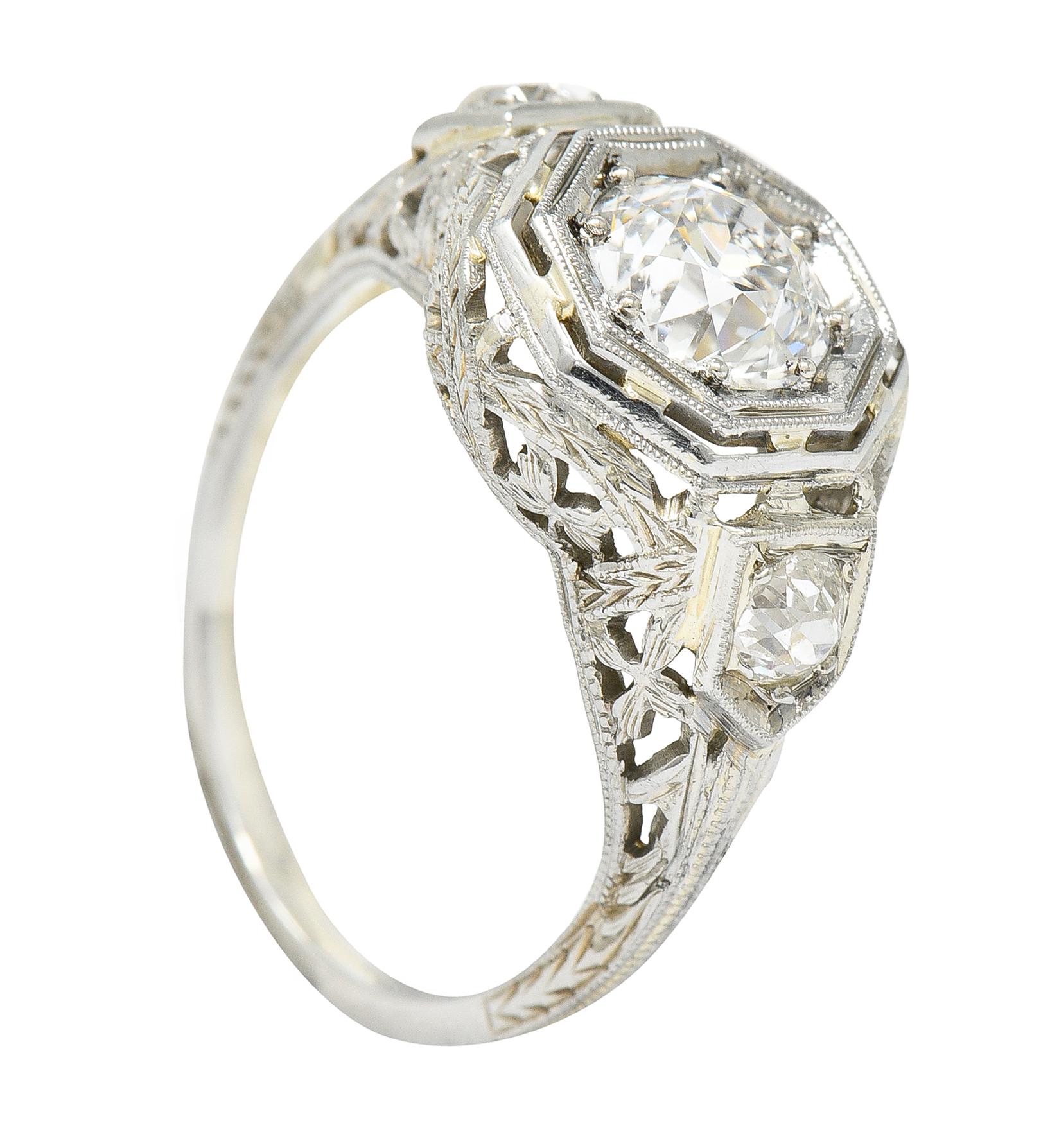 Art Deco 1.41 Carats Diamond 18 Karat White Gold Floral Engagement Ring GIA For Sale 5