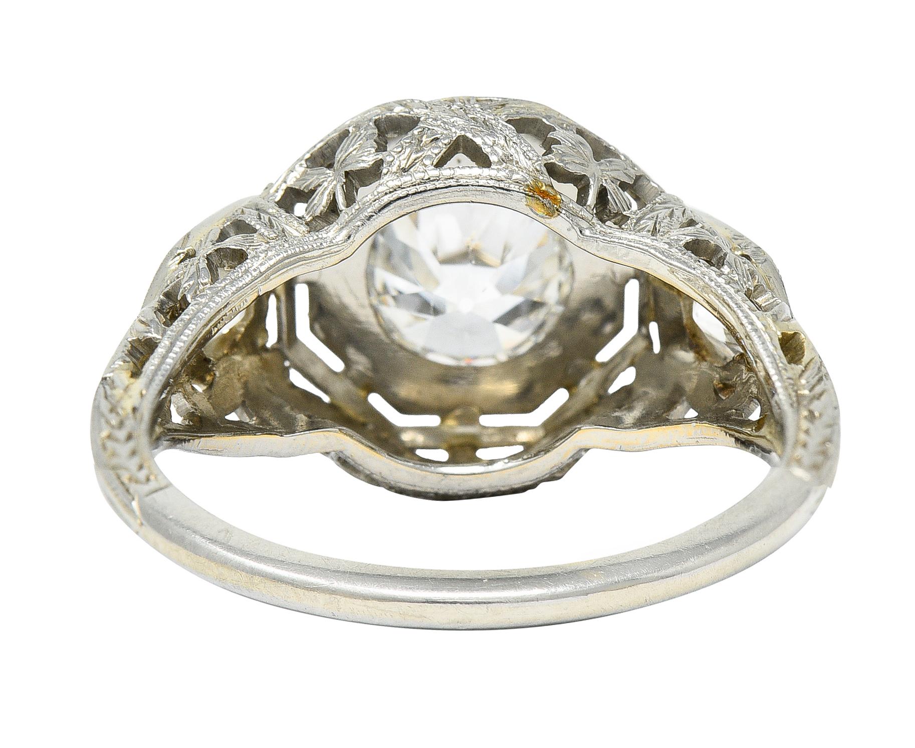 Old European Cut Art Deco 1.41 Carats Diamond 18 Karat White Gold Floral Engagement Ring GIA For Sale