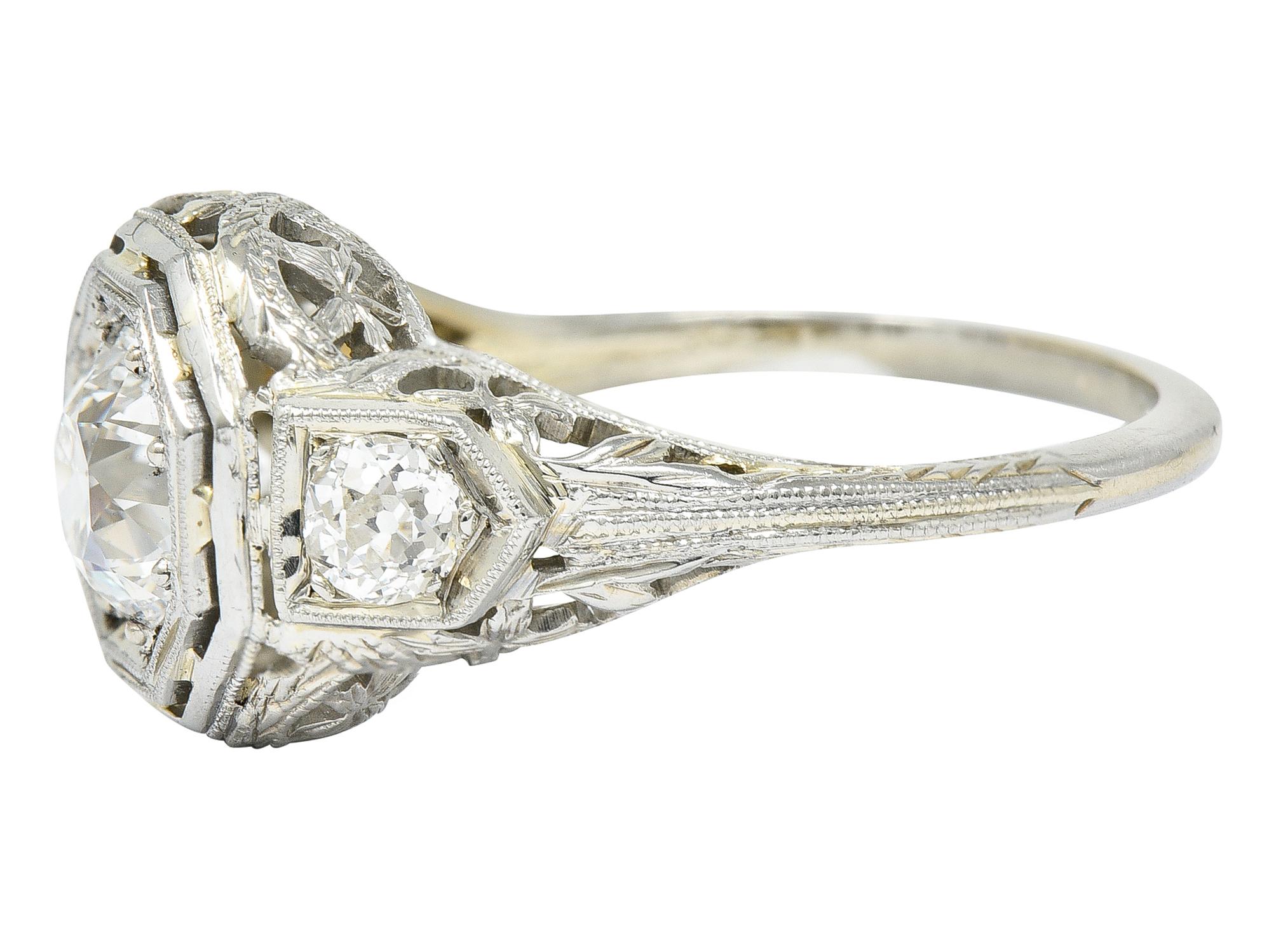 Art Deco 1.41 Carats Diamond 18 Karat White Gold Floral Engagement Ring GIA In Excellent Condition For Sale In Philadelphia, PA